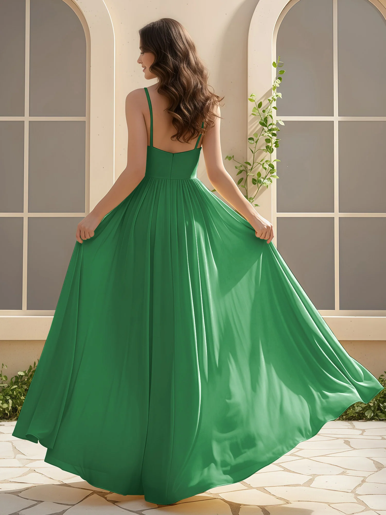 A-Line Pleated V-neck Long Dress With Slit Emerald - Image 2