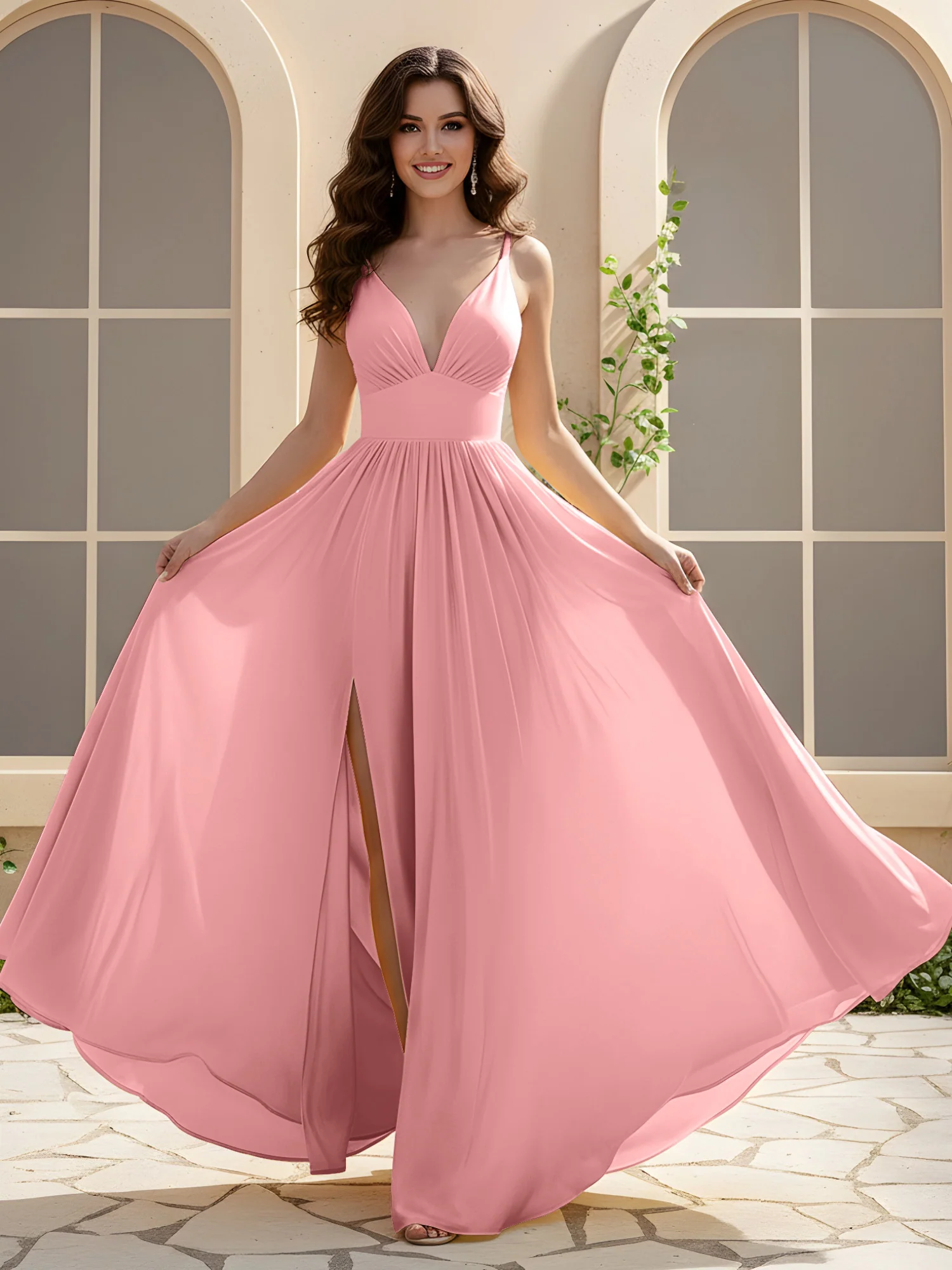 A-Line Pleated V-neck Long Dress With Slit Flamingo