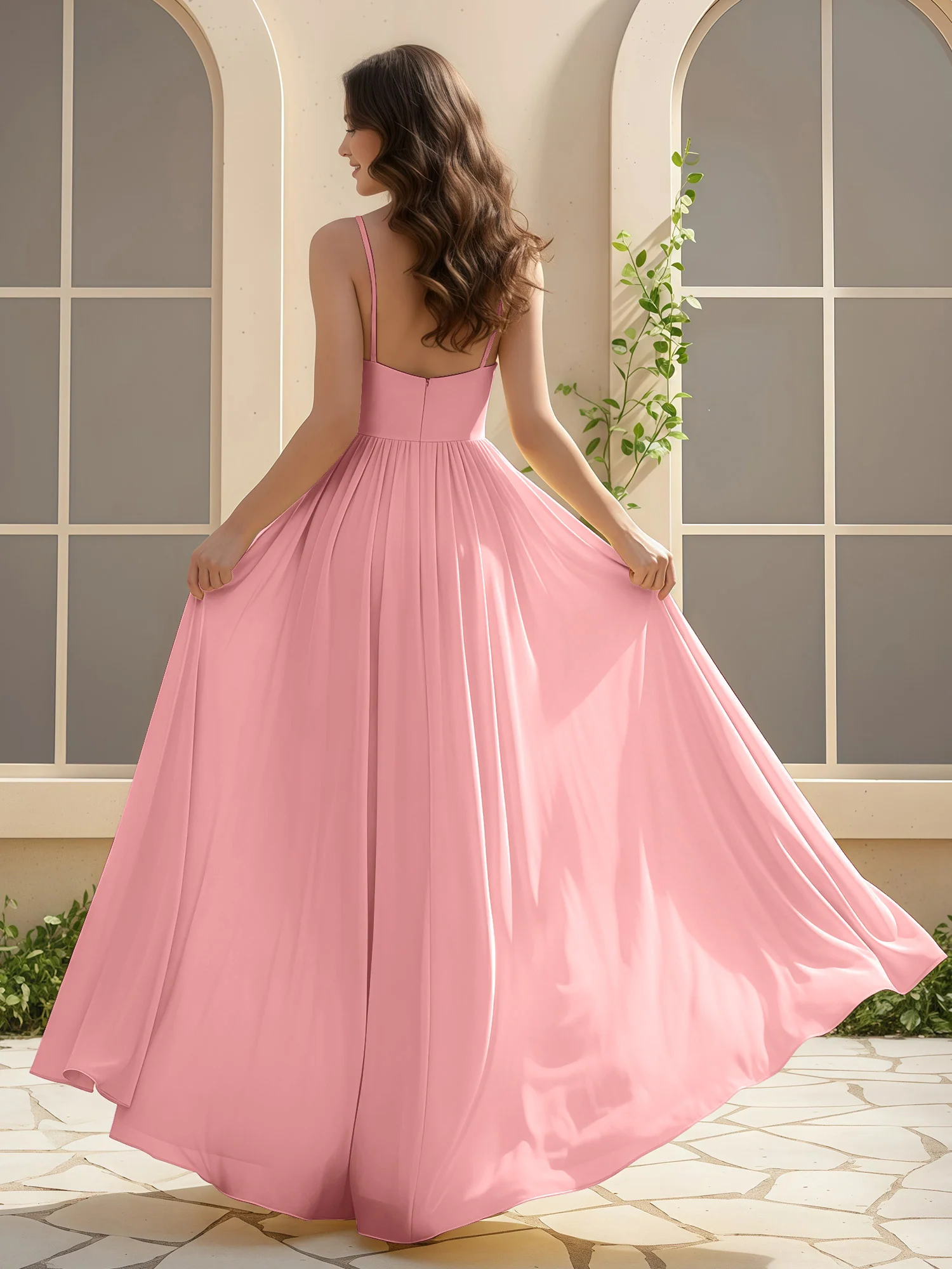 A-Line Pleated V-neck Long Dress With Slit Flamingo - Image 2