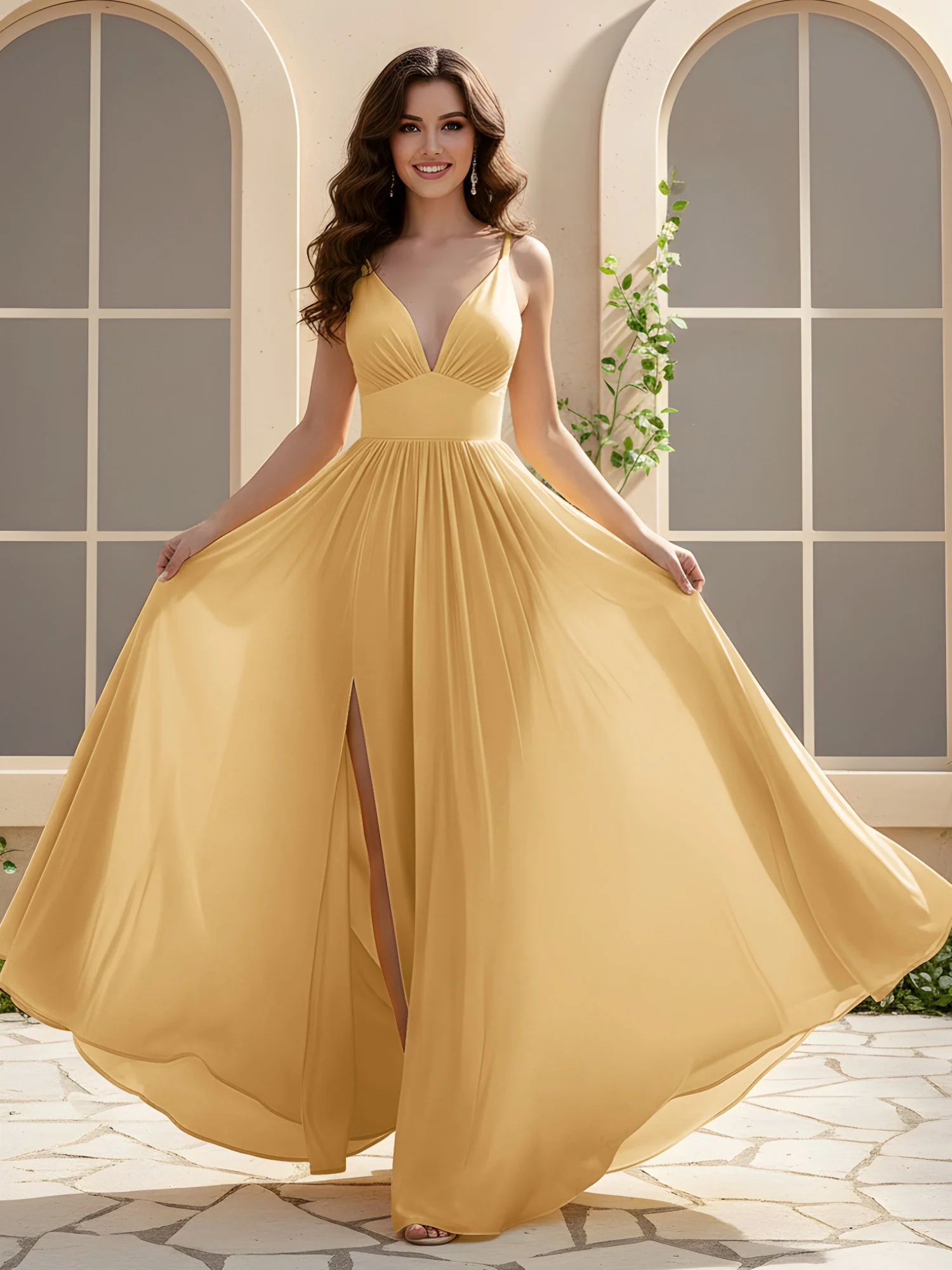 A-Line Pleated V-neck Long Dress With Slit Gold