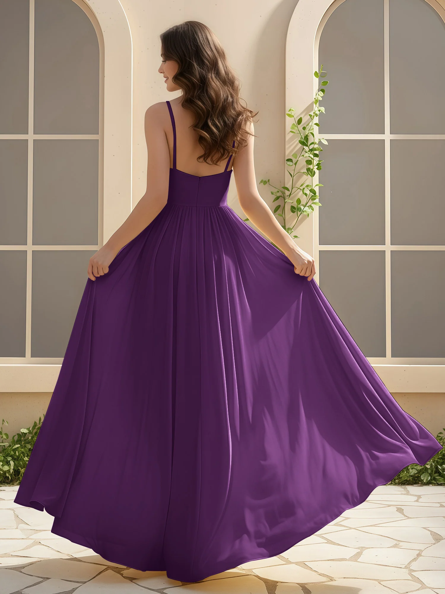 A-Line Pleated V-neck Long Dress With Slit Grape - Image 2