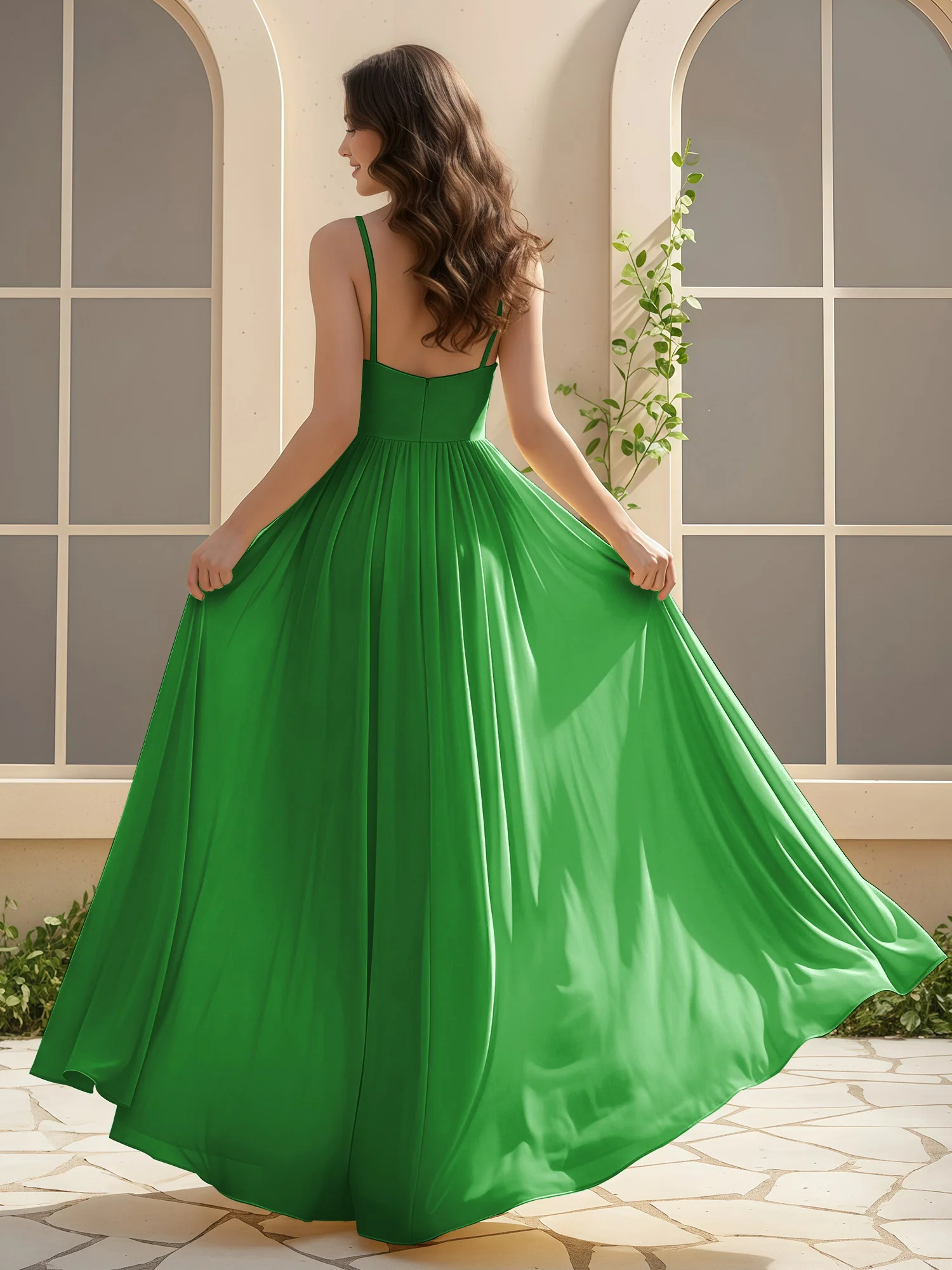 A-Line Pleated V-neck Long Dress With Slit Green - Image 2