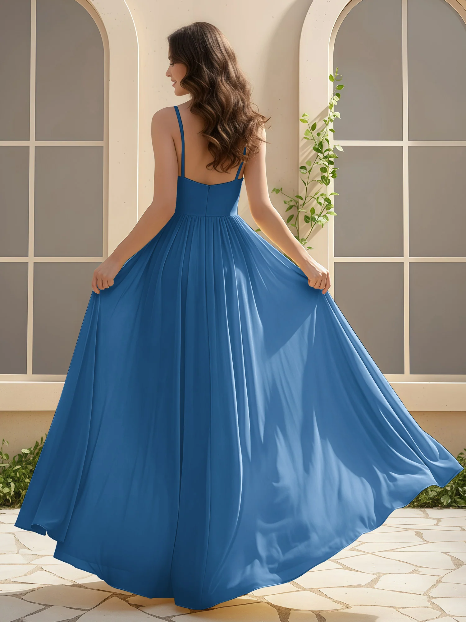 A-Line Pleated V-neck Long Dress With Slit Ink Blue - Image 2