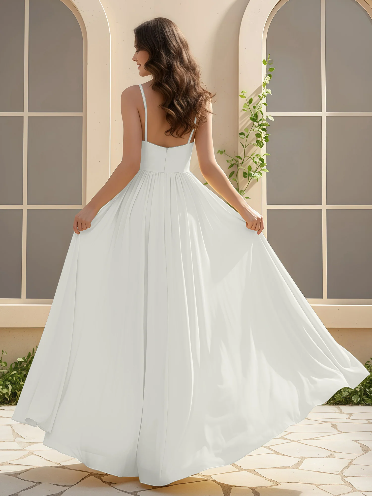 A-Line Pleated V-neck Long Dress With Slit Ivory - Image 2