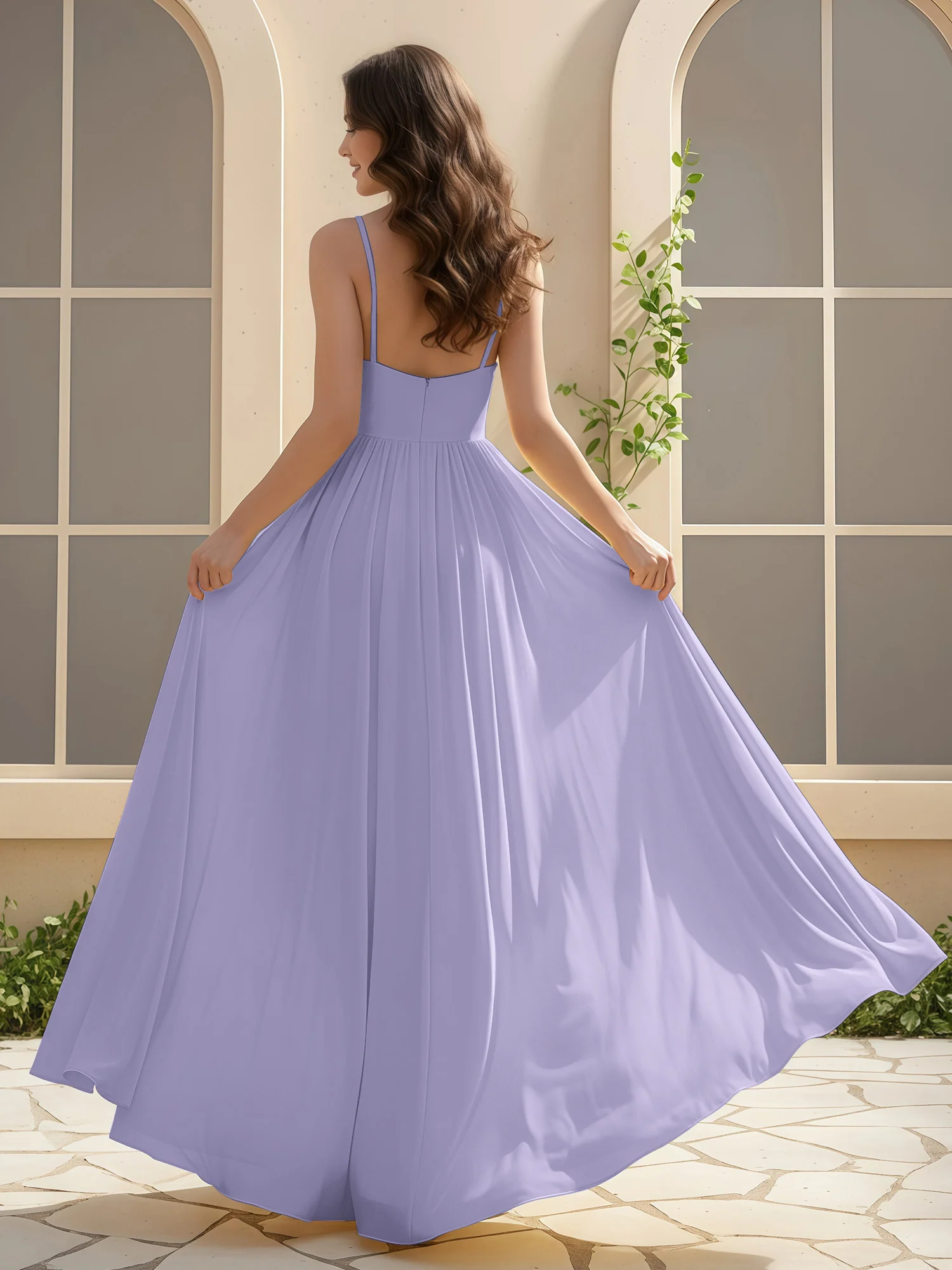 A-Line Pleated V-neck Long Dress With Slit Lavender - Image 2