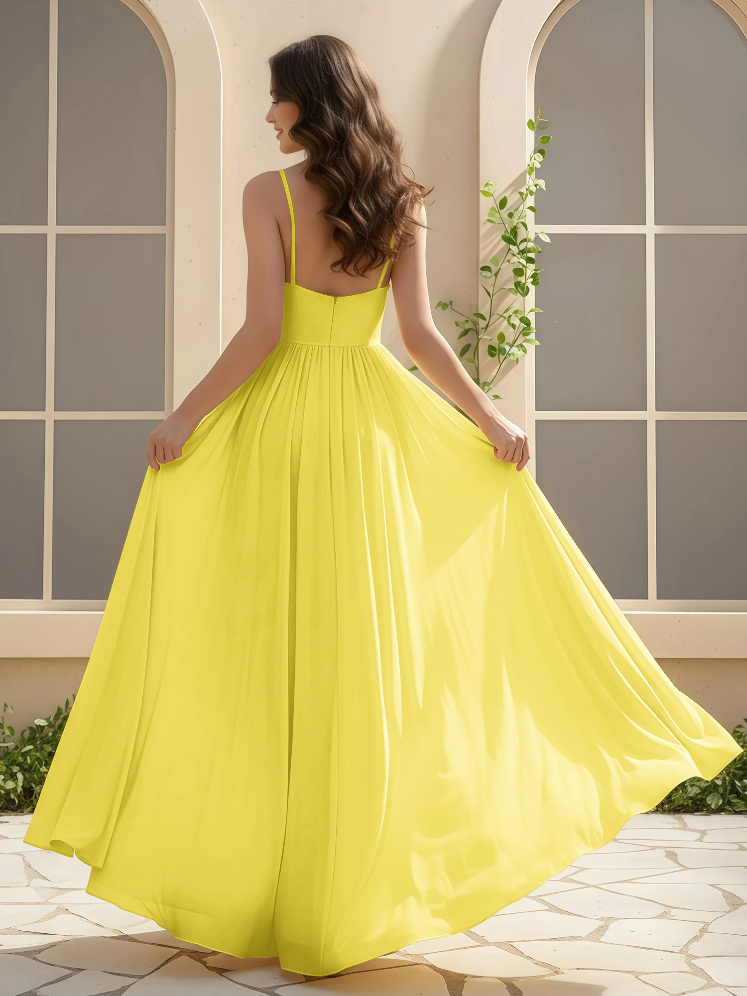 A-Line Pleated V-neck Long Dress With Slit Lemon - Image 2