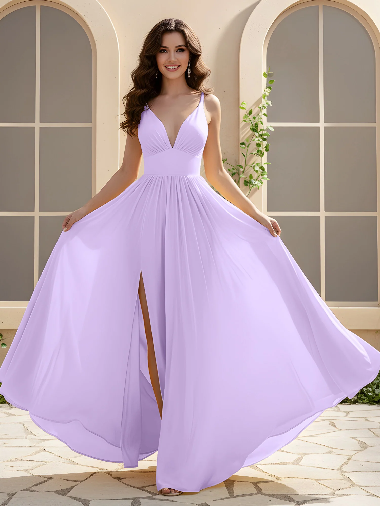 A-Line Pleated V-neck Long Dress With Slit Lilac