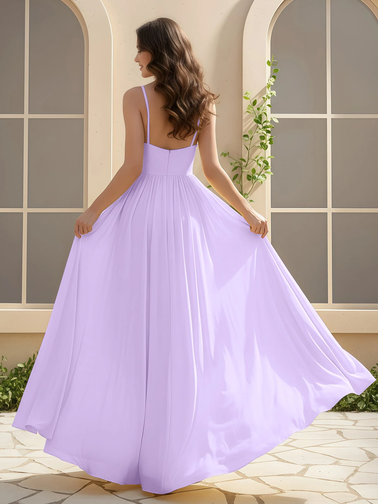 A-Line Pleated V-neck Long Dress With Slit Lilac - Image 2