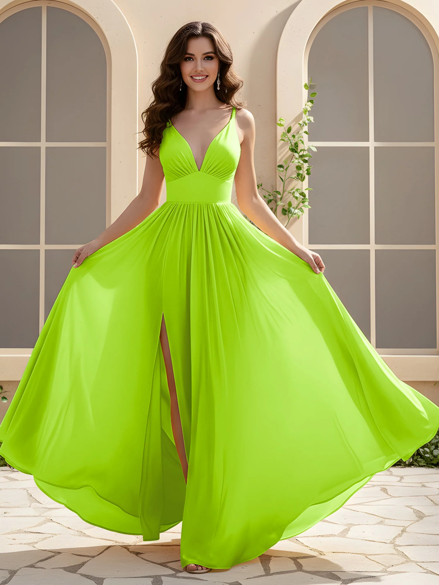 A-Line Pleated V-neck Long Dress With Slit Lime Green