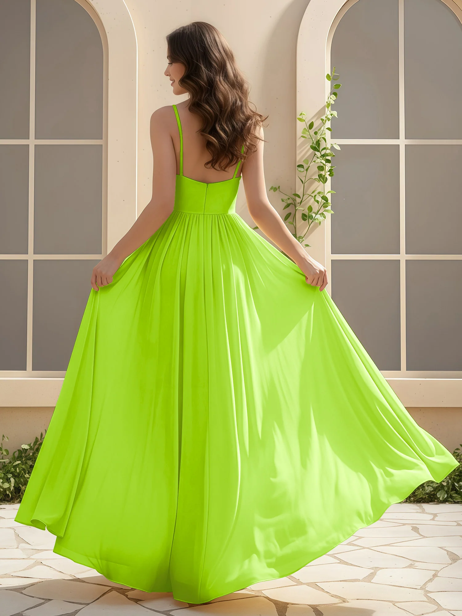 A-Line Pleated V-neck Long Dress With Slit Lime Green - Image 2