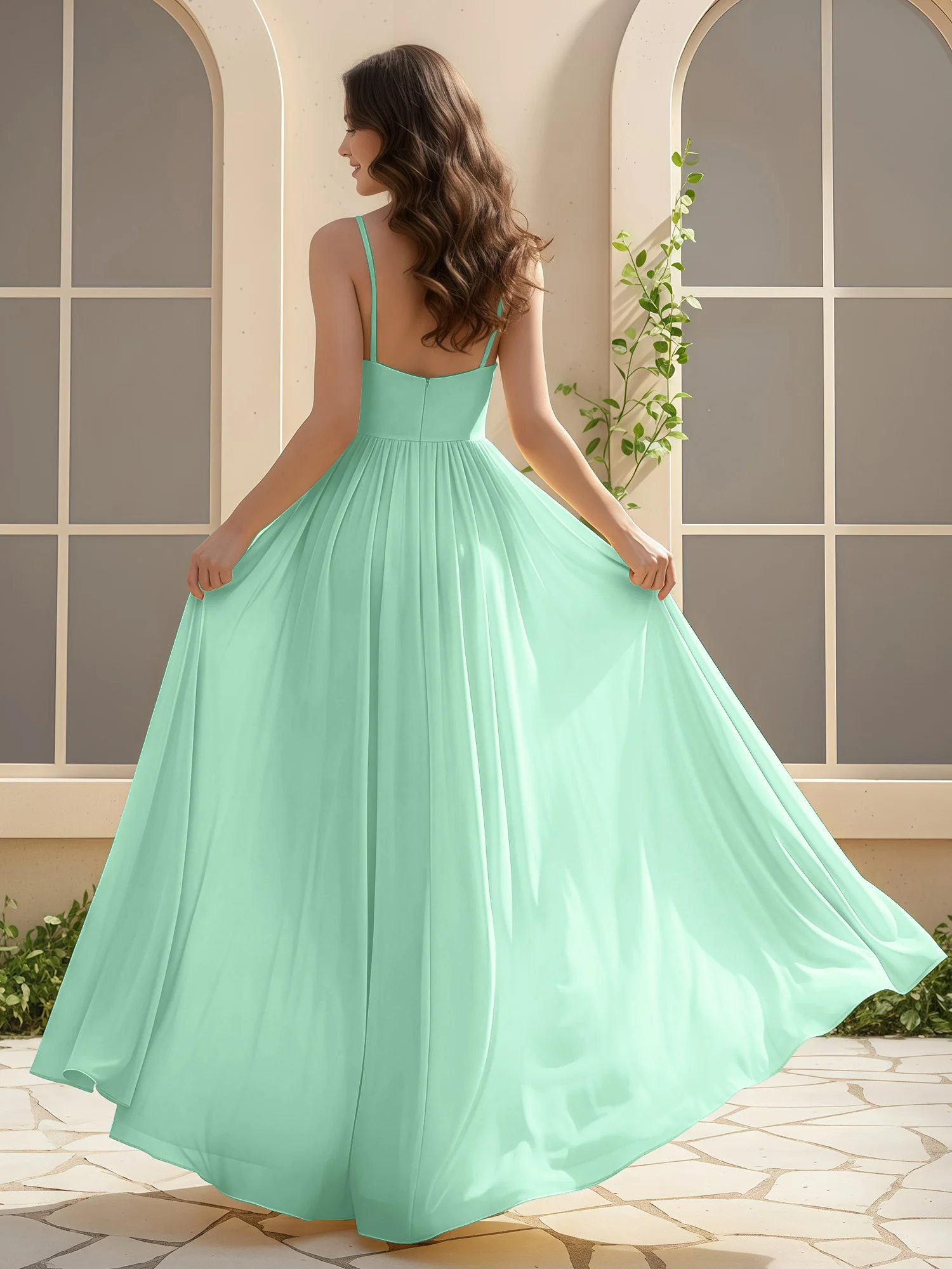 A-Line Pleated V-neck Long Dress With Slit Mint Green - Image 2
