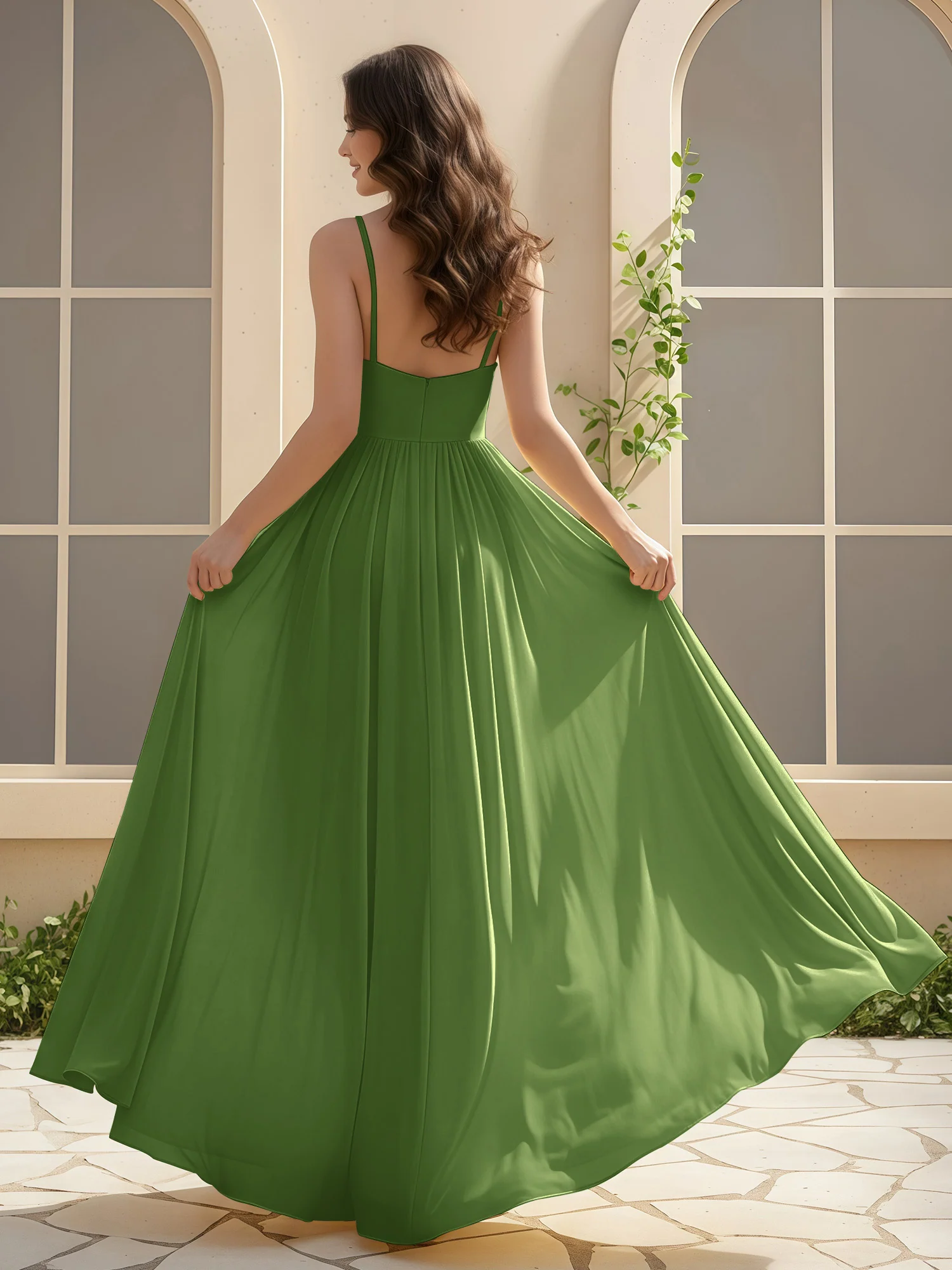 A-Line Pleated V-neck Long Dress With Slit Moss - Image 2