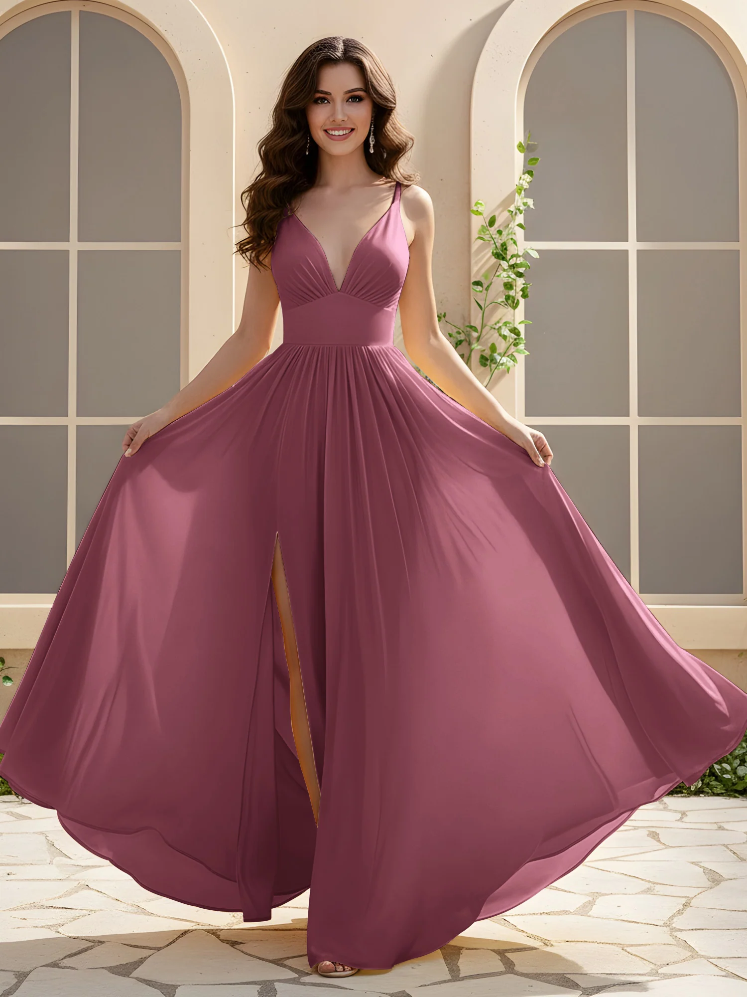 A-Line Pleated V-neck Long Dress With Slit Mulberry