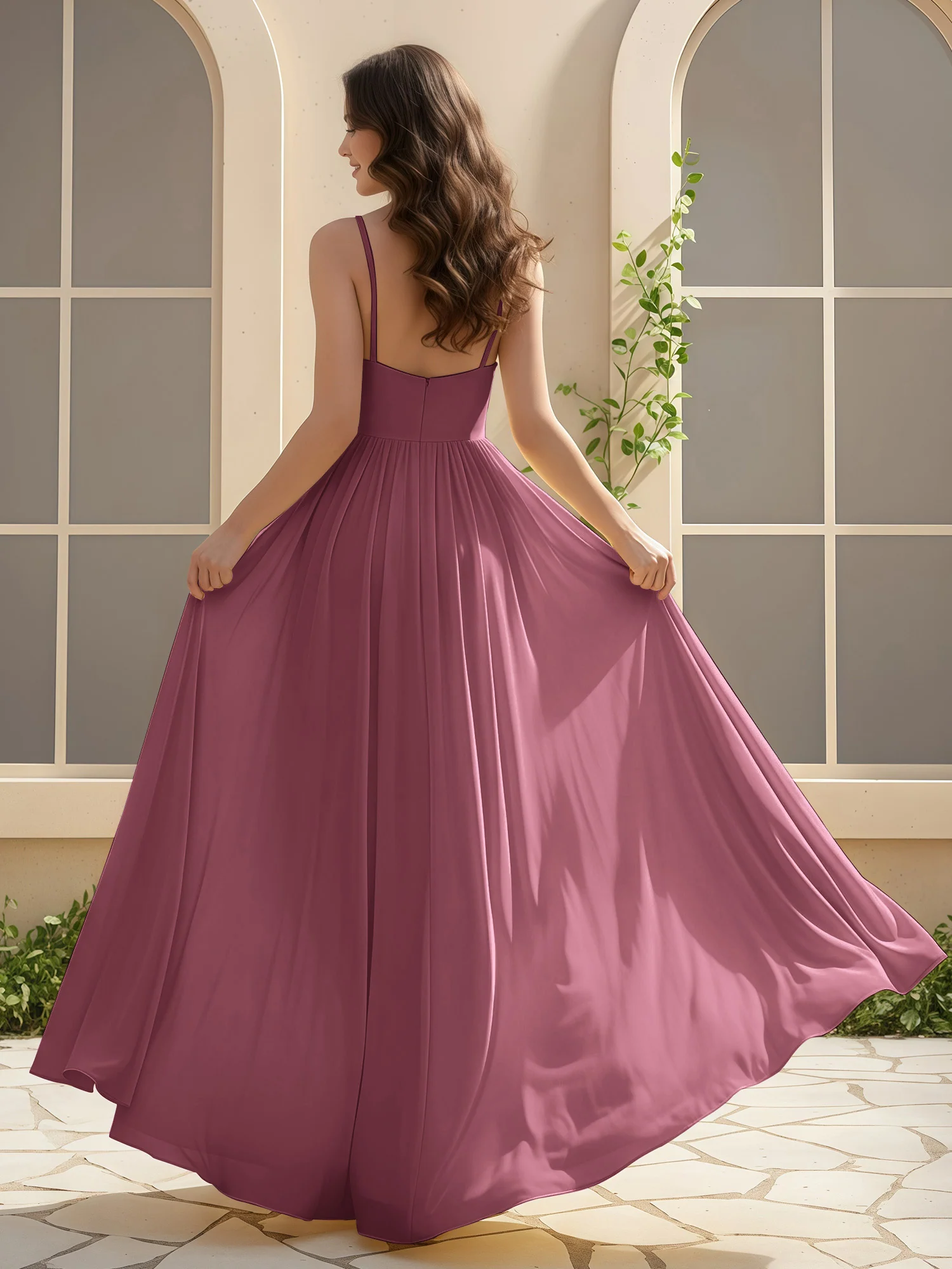 A-Line Pleated V-neck Long Dress With Slit Mulberry - Image 2