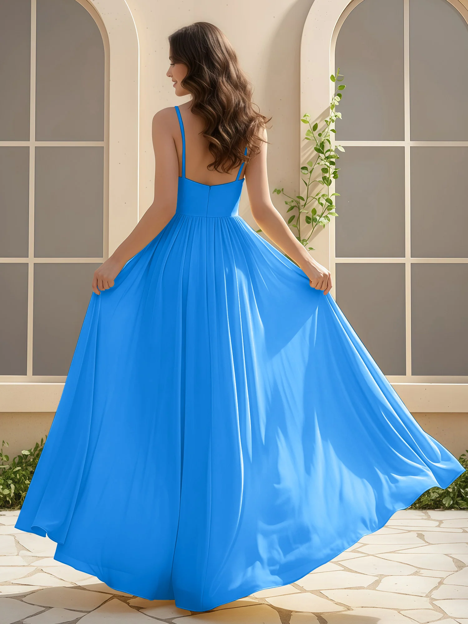 A-Line Pleated V-neck Long Dress With Slit Ocean Blue - Image 2