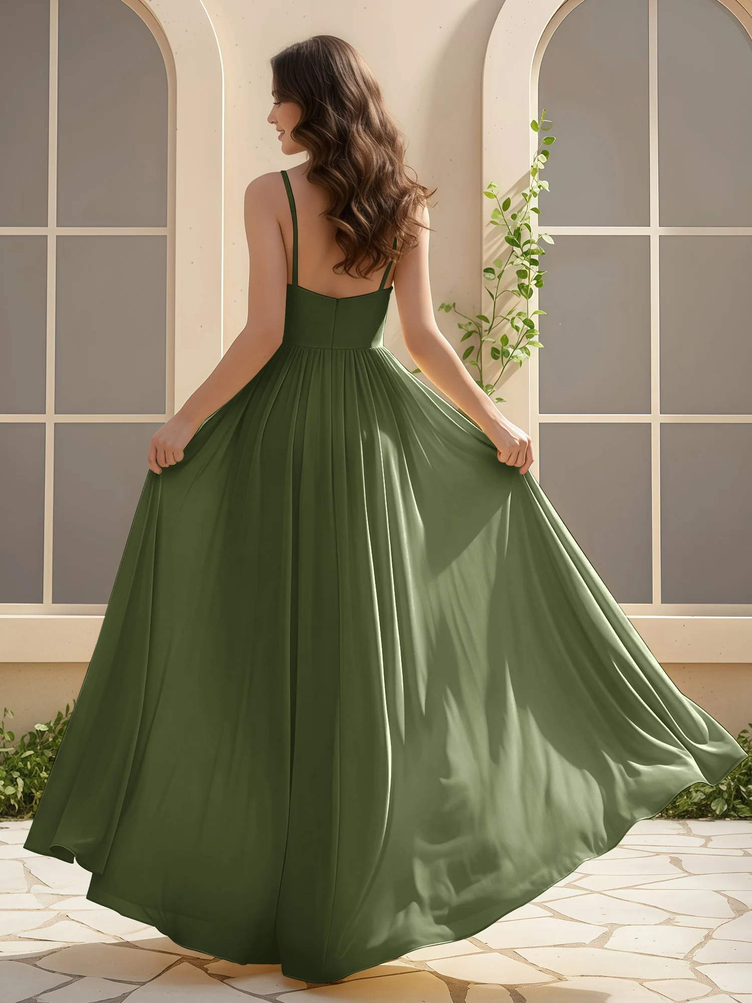 A-Line Pleated V-neck Long Dress With Slit Olive Green - Image 2