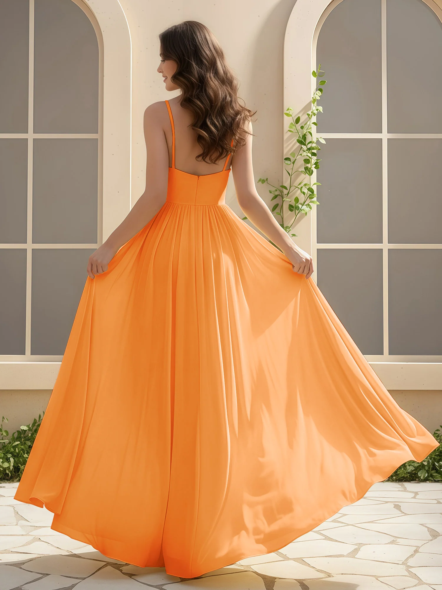 A-Line Pleated V-neck Long Dress With Slit Orange - Image 2