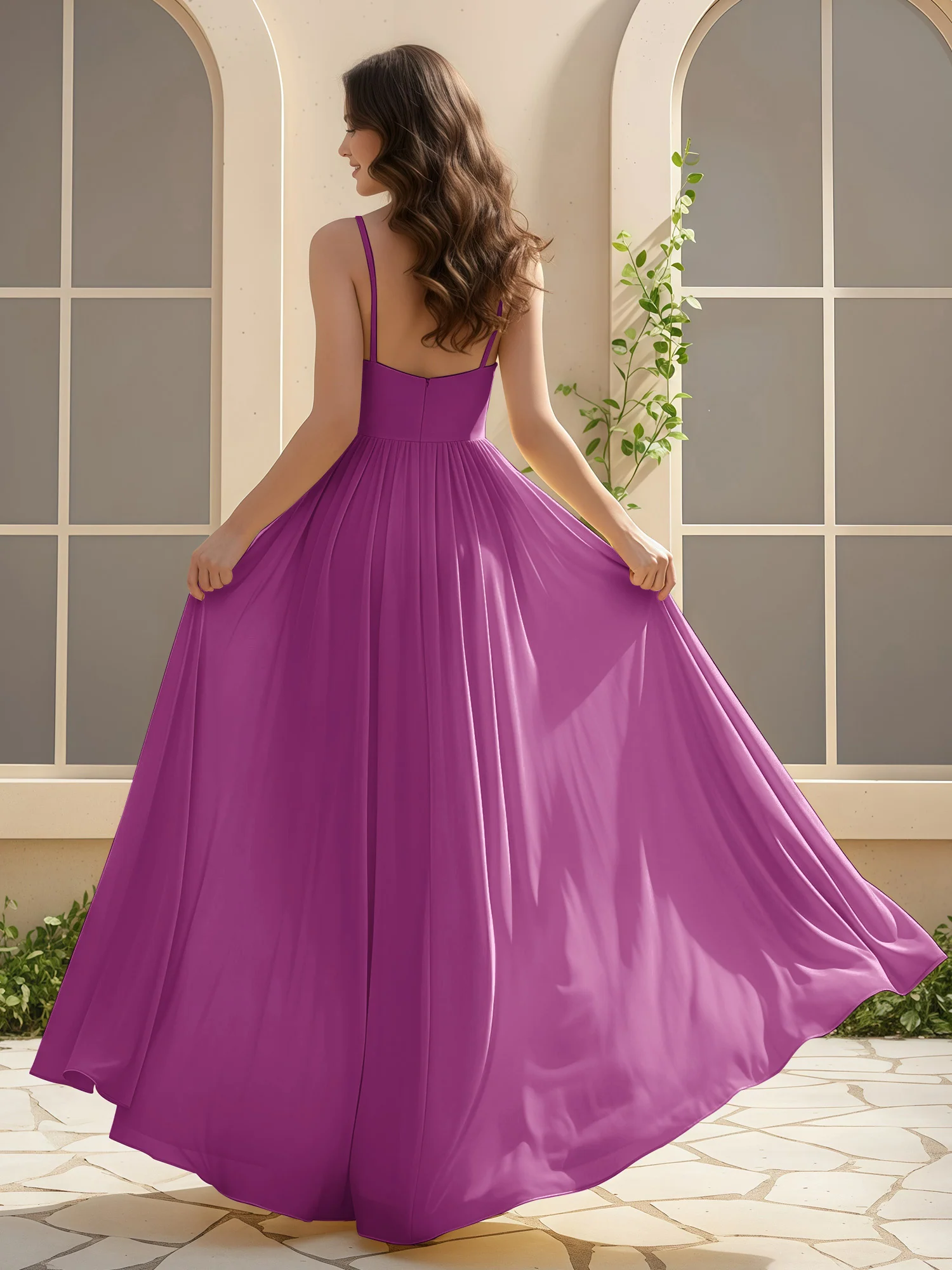 A-Line Pleated V-neck Long Dress With Slit Orchid - Image 2