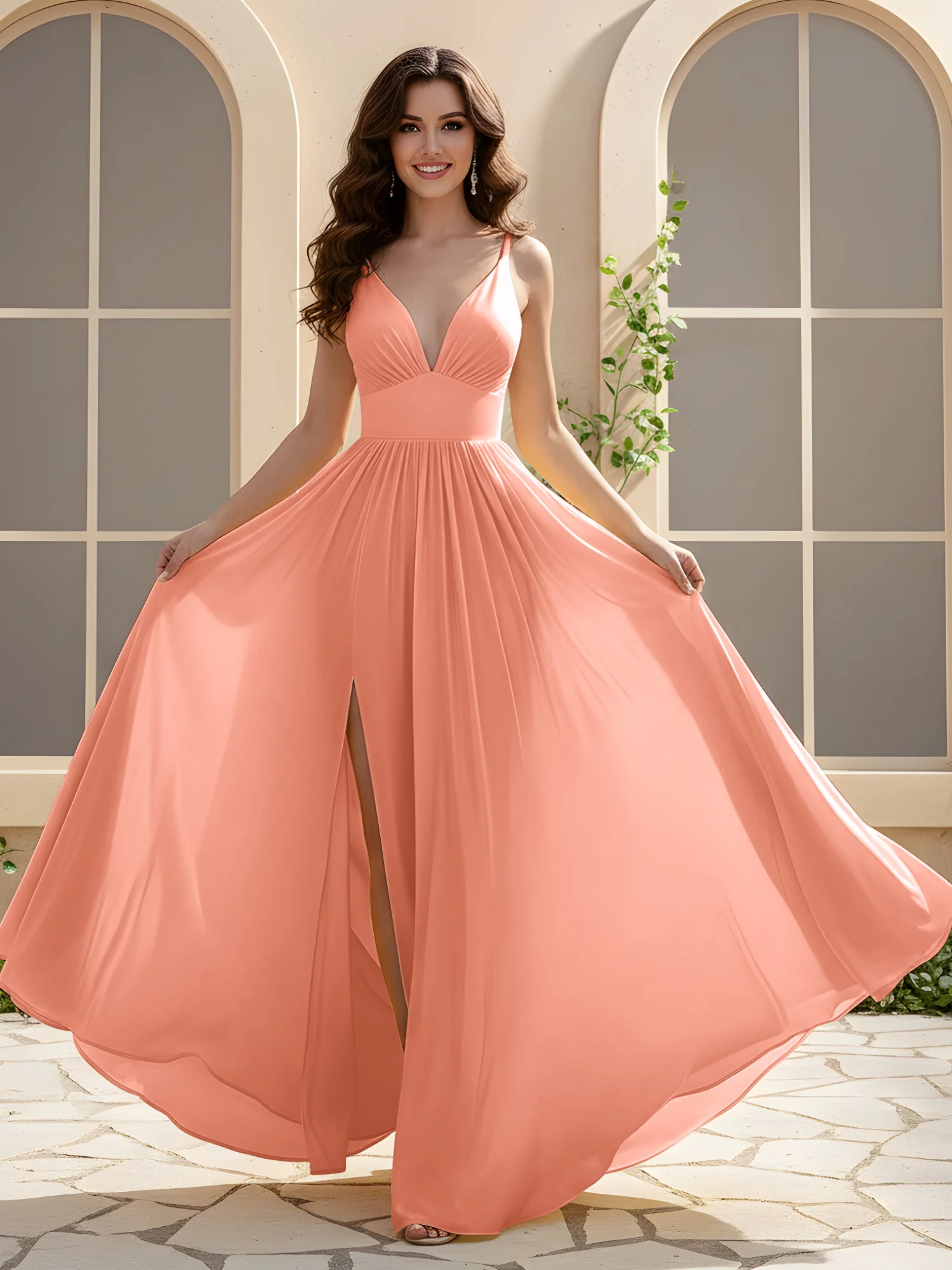 A-Line Pleated V-neck Long Dress With Slit Papaya