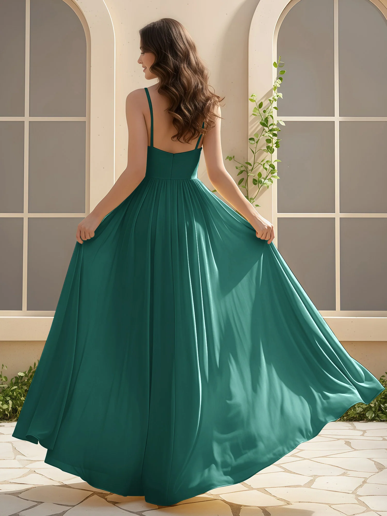 A-Line Pleated V-neck Long Dress With Slit Peacock - Image 2