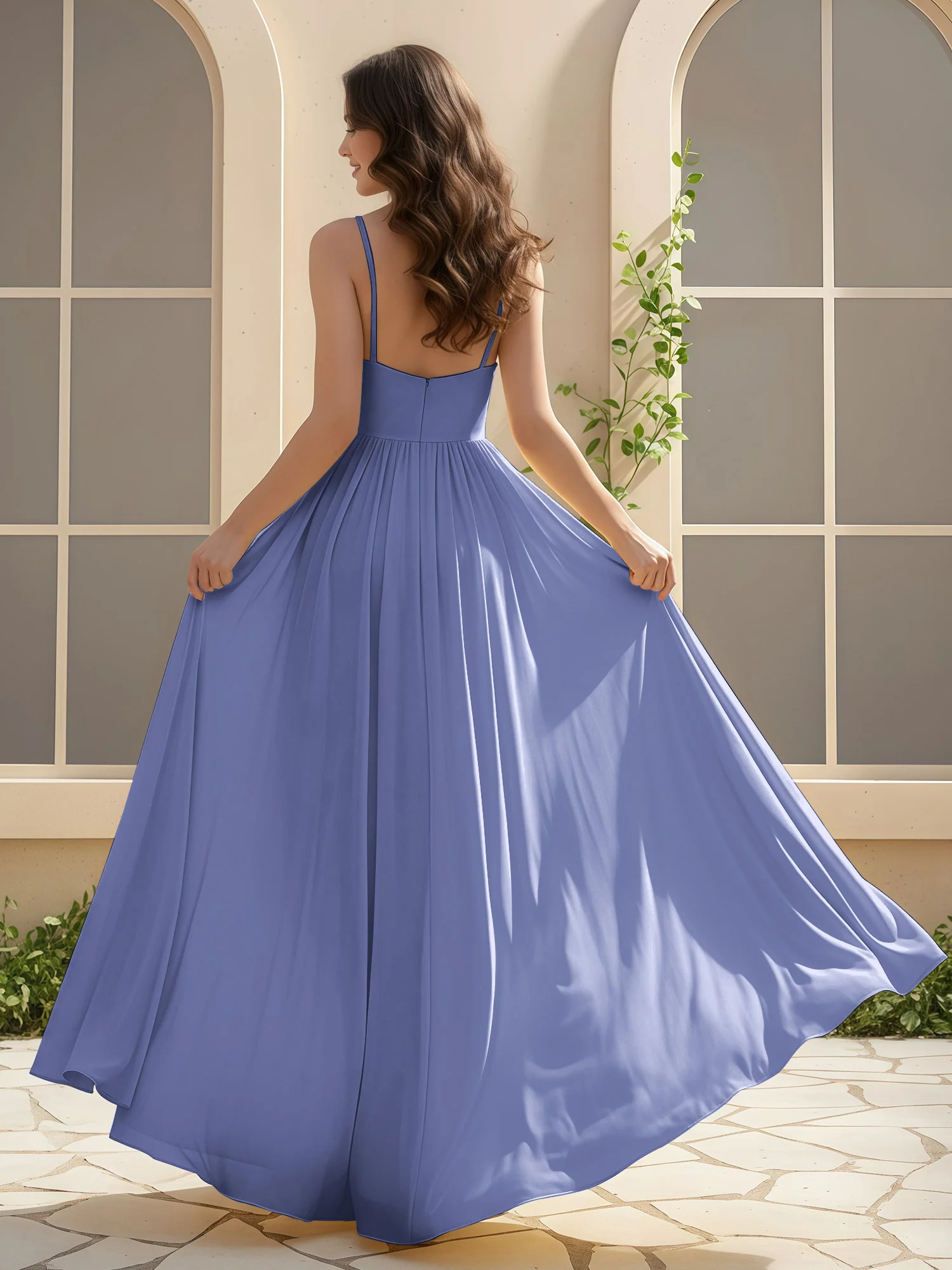 A-Line Pleated V-neck Long Dress With Slit Periwinkle - Image 2