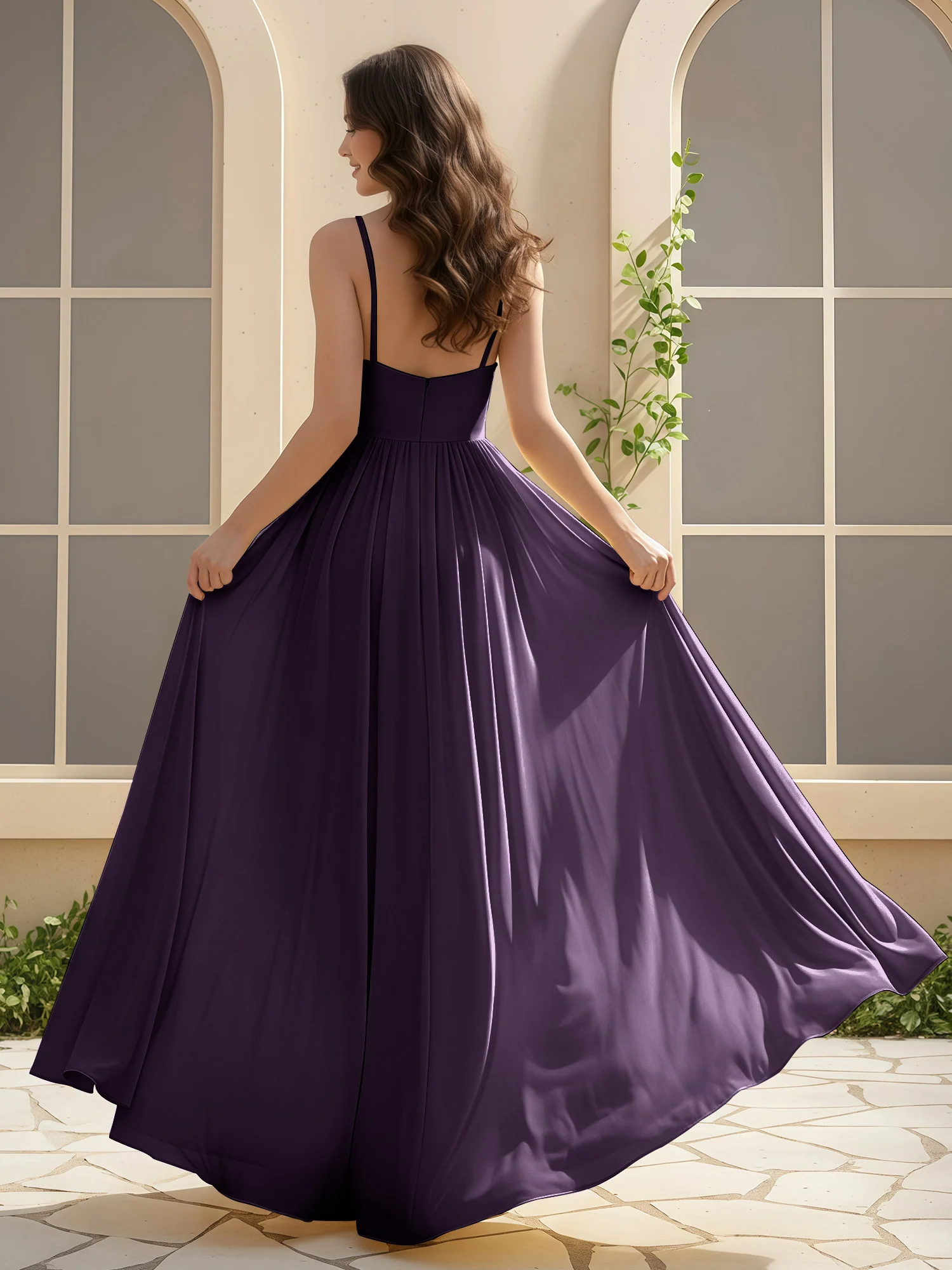 A-Line Pleated V-neck Long Dress With Slit Plum - Image 2