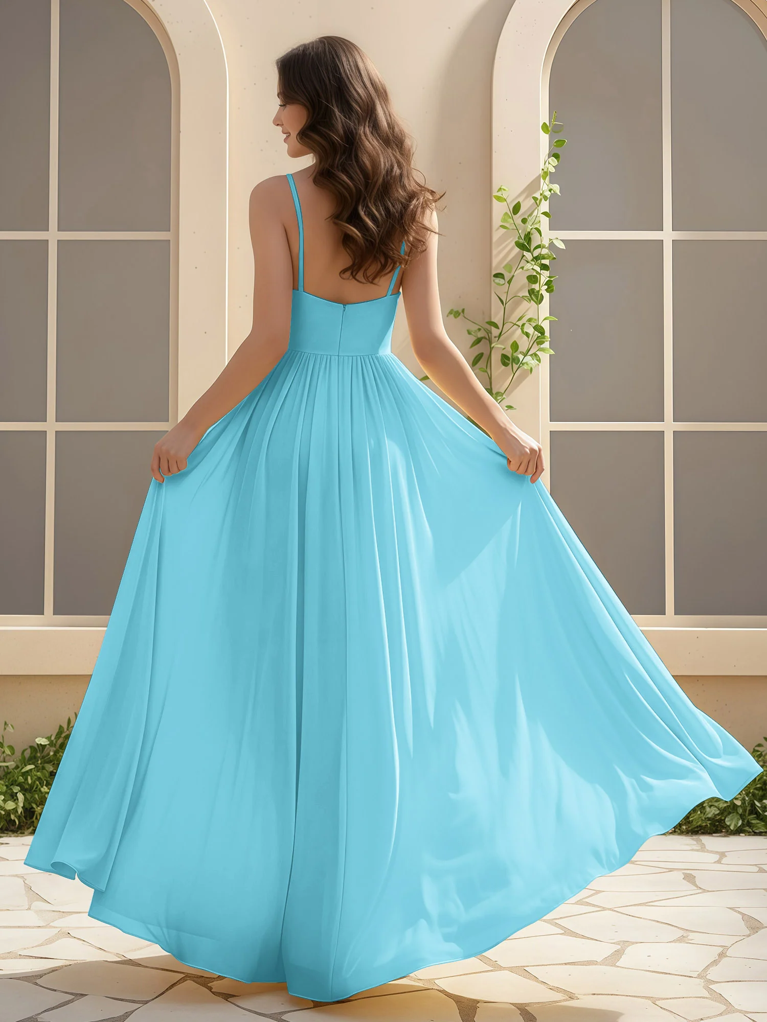 A-Line Pleated V-neck Long Dress With Slit Pool - Image 2
