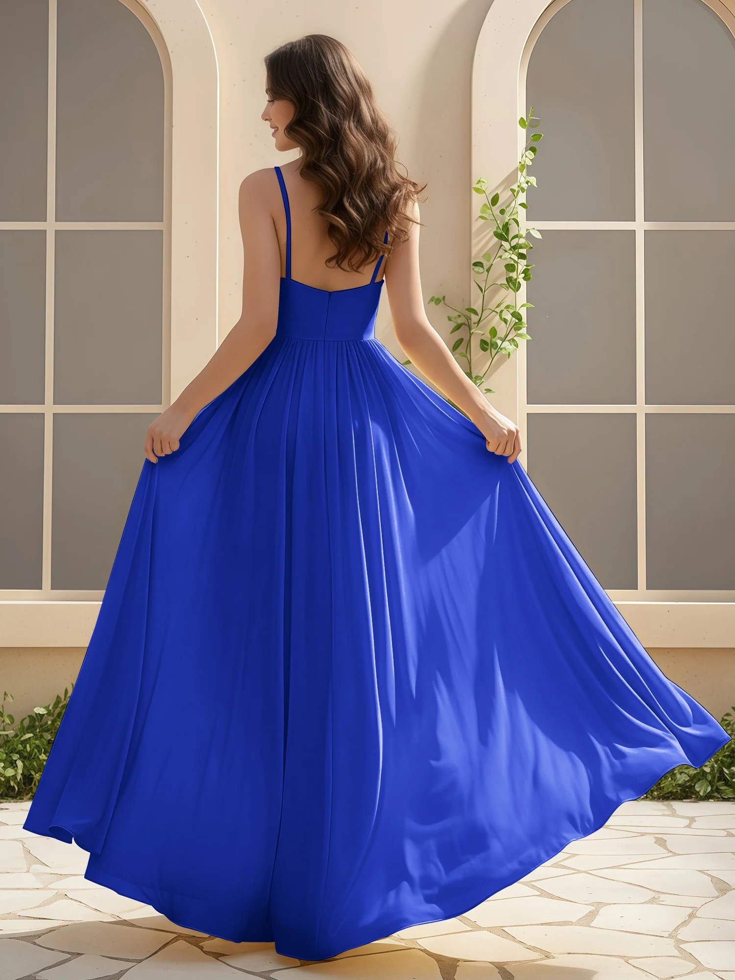 A-Line Pleated V-neck Long Dress With Slit Royal Blue - Image 2