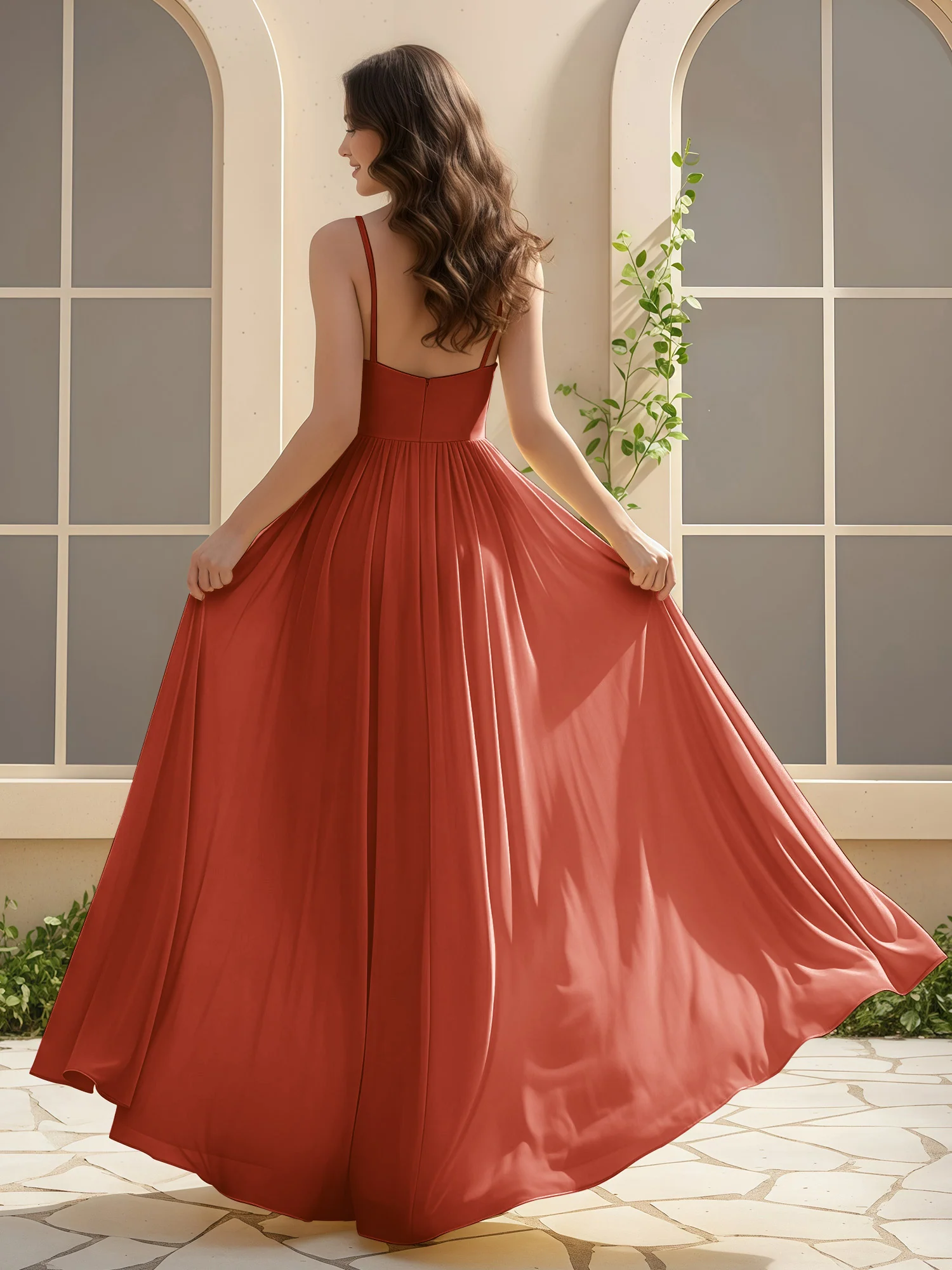 A-Line Pleated V-neck Long Dress With Slit Rust - Image 2