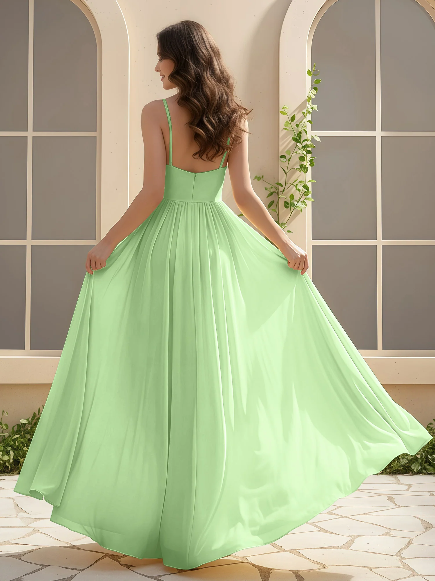 A-Line Pleated V-neck Long Dress With Slit Sage - Image 2