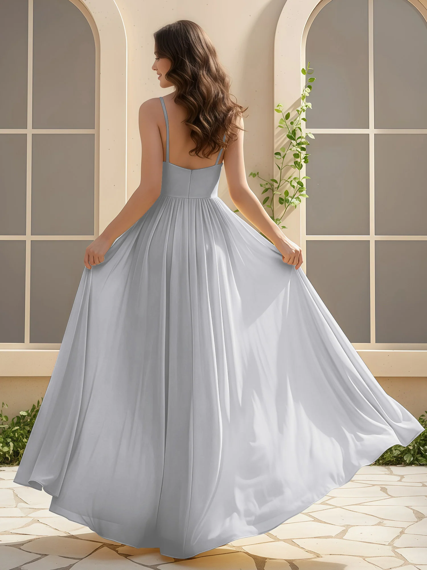 A-Line Pleated V-neck Long Dress With Slit Silver - Image 2