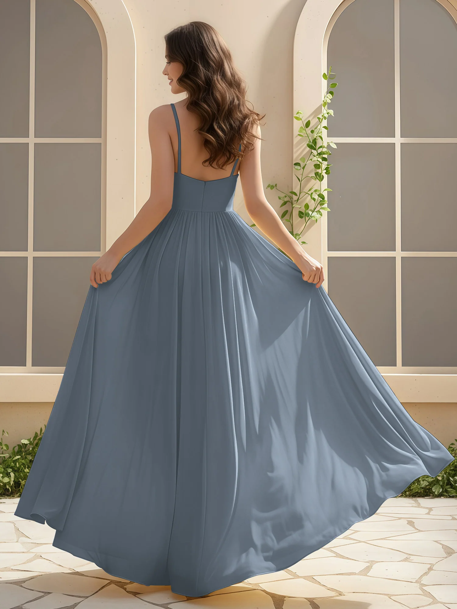 A-Line Pleated V-neck Long Dress With Slit Slate Blue - Image 2