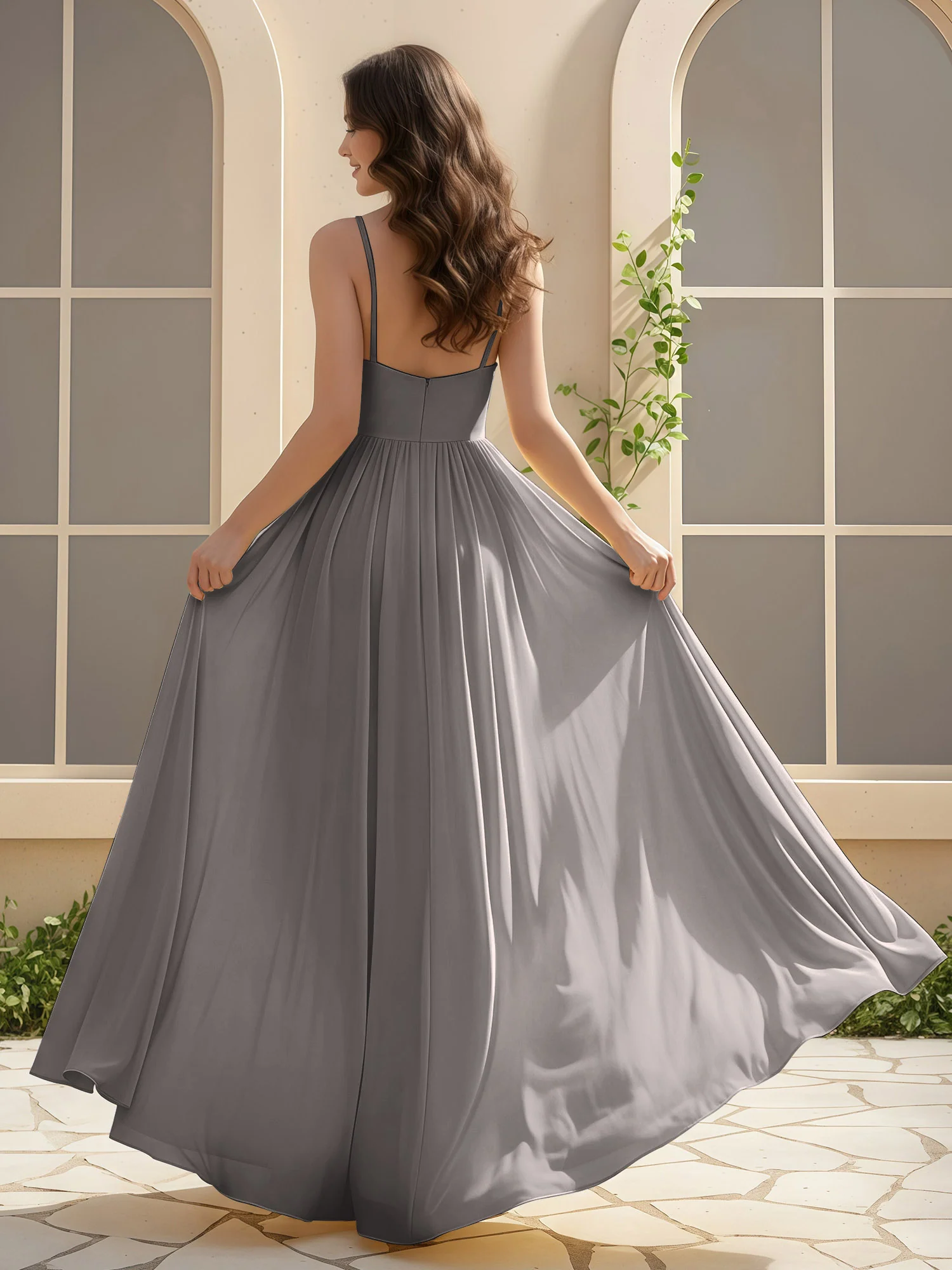 A-Line Pleated V-neck Long Dress With Slit Steel Grey - Image 2