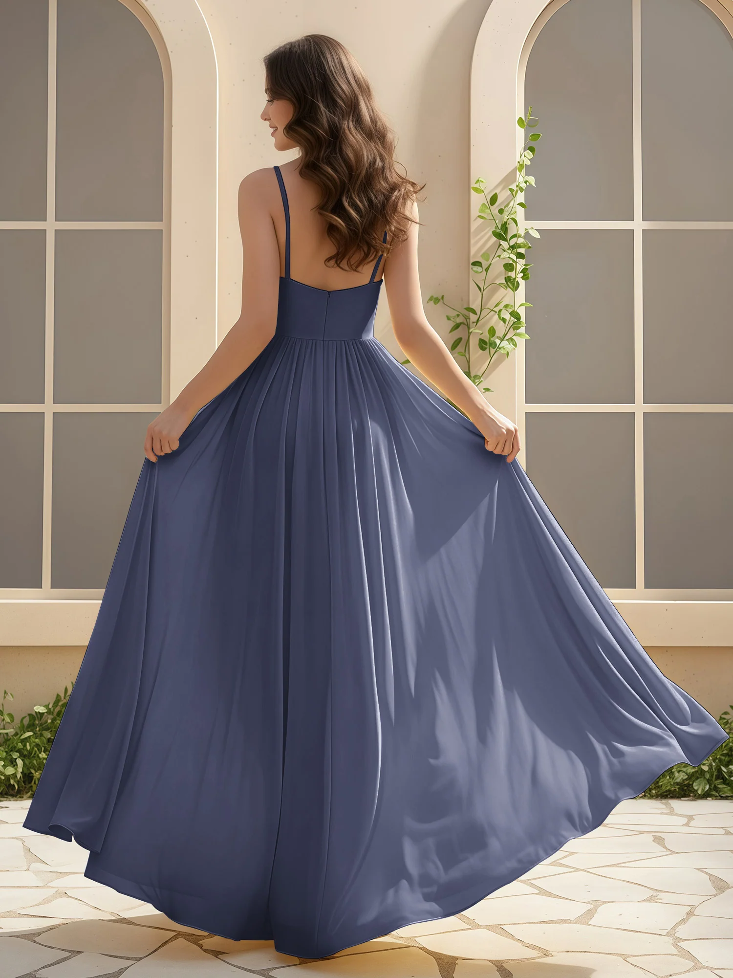 A-Line Pleated V-neck Long Dress With Slit Stormy - Image 2