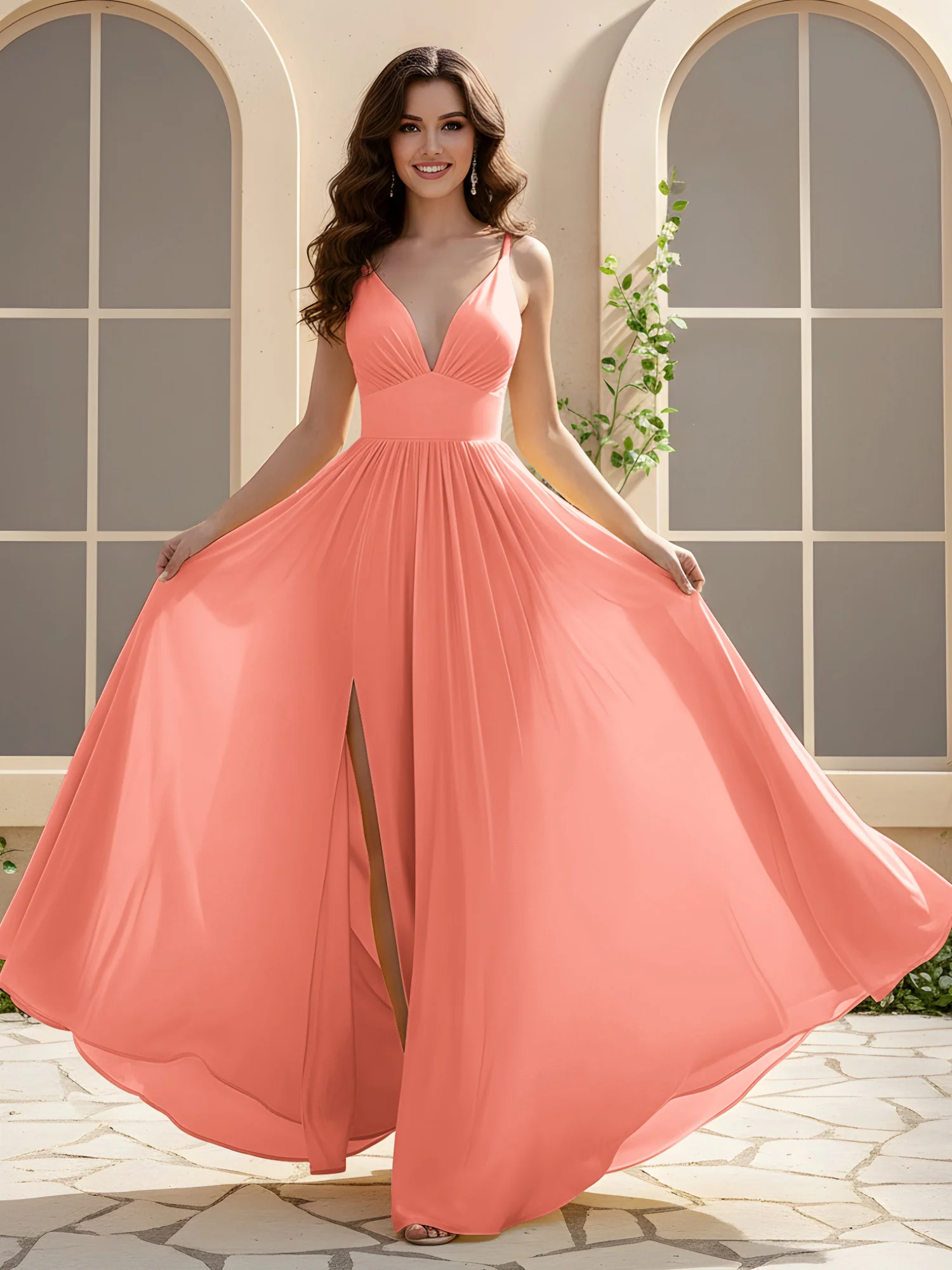 A-Line Pleated V-neck Long Dress With Slit Sunset