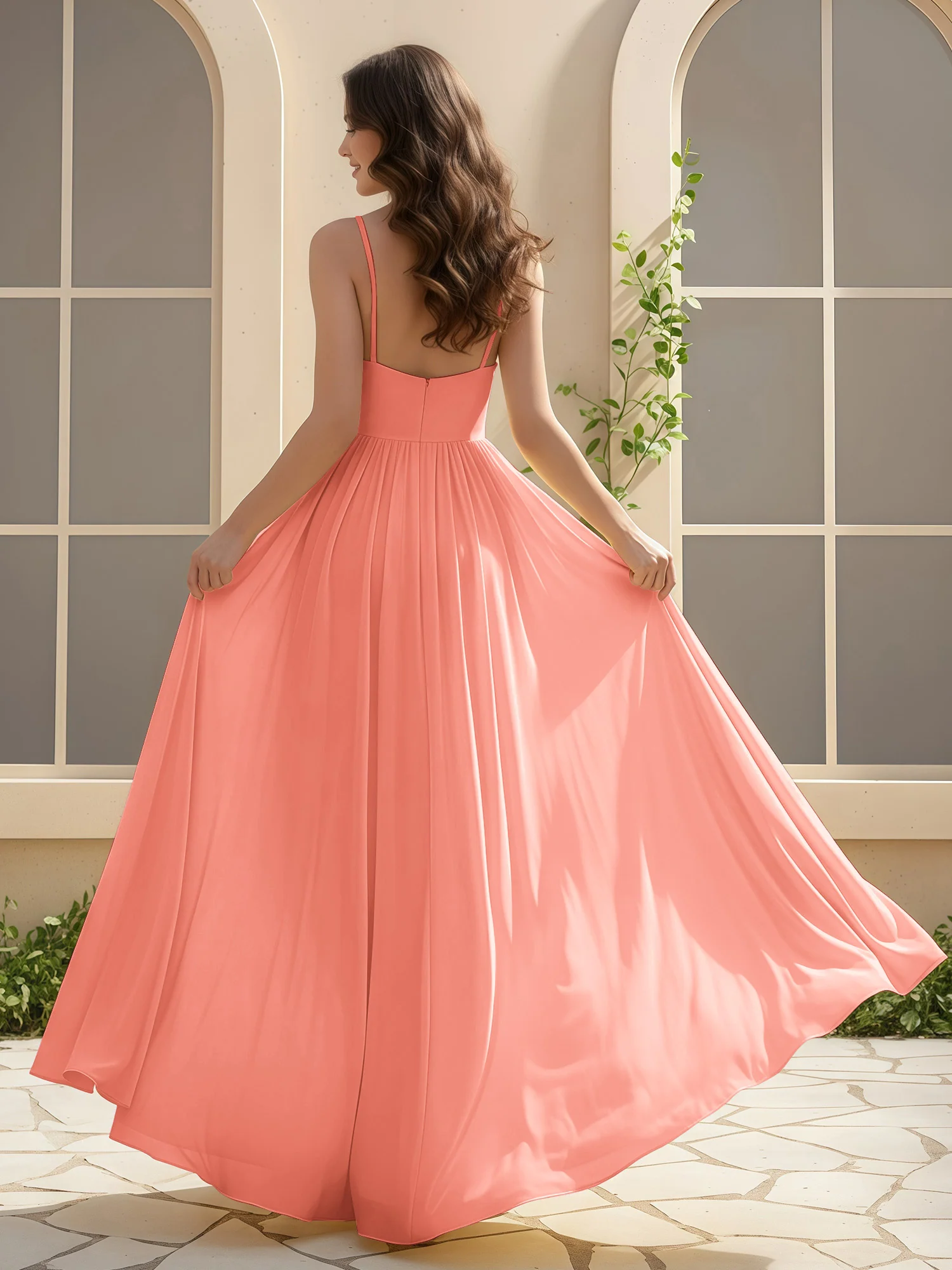 A-Line Pleated V-neck Long Dress With Slit Sunset - Image 2