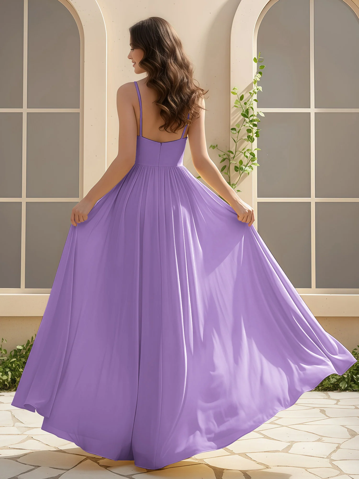 A-Line Pleated V-neck Long Dress With Slit Tahiti - Image 2