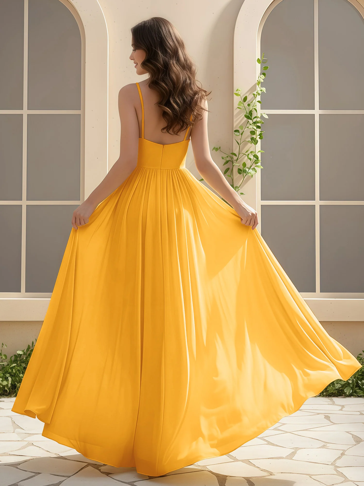 A-Line Pleated V-neck Long Dress With Slit Tangerine - Image 2