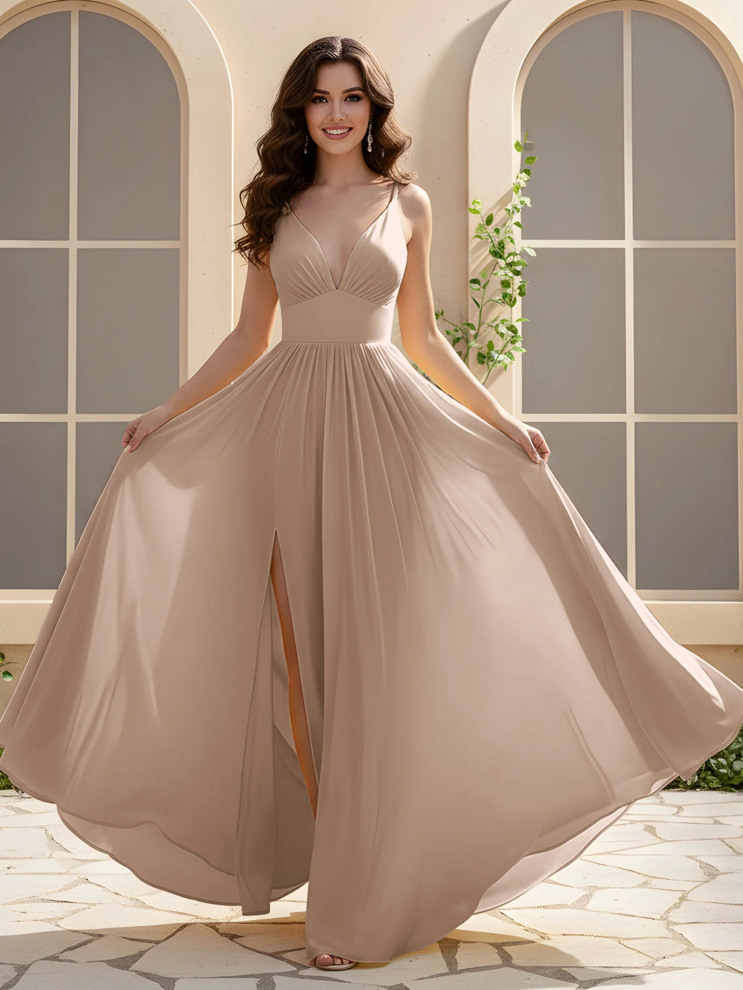 A-Line Pleated V-neck Long Dress With Slit Taupe