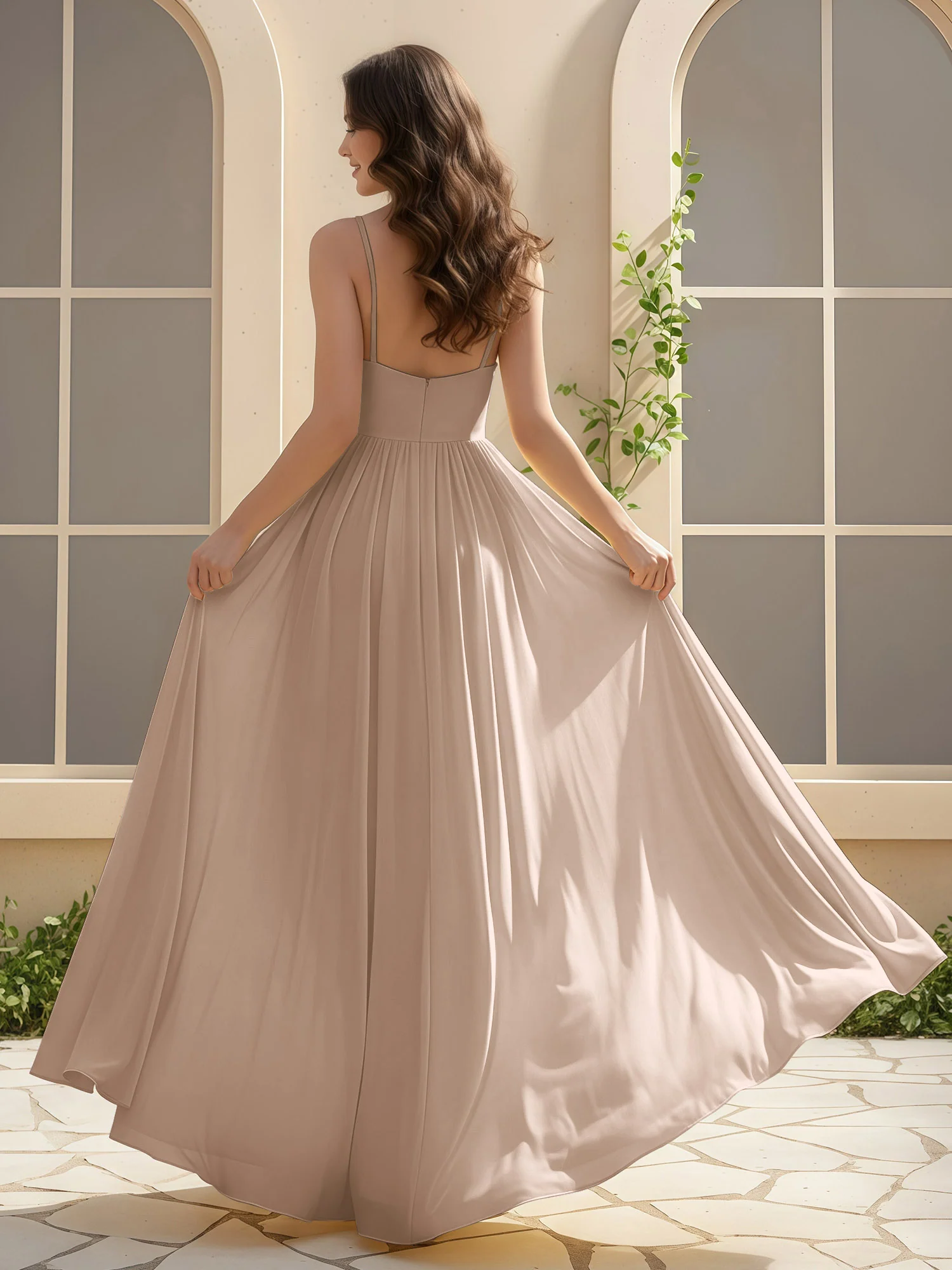 A-Line Pleated V-neck Long Dress With Slit Taupe - Image 2
