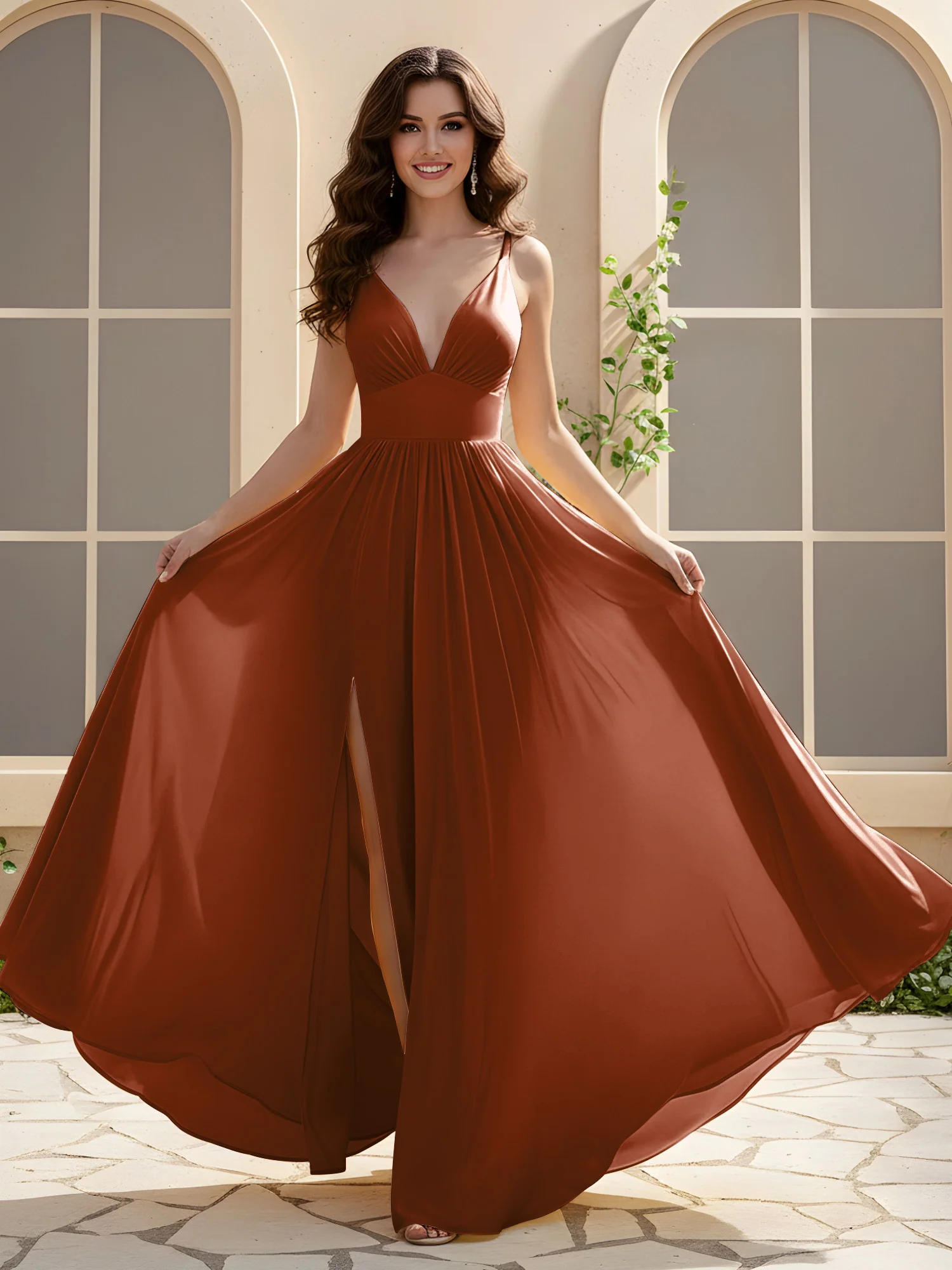 A-Line Pleated V-neck Long Dress With Slit Terracotta