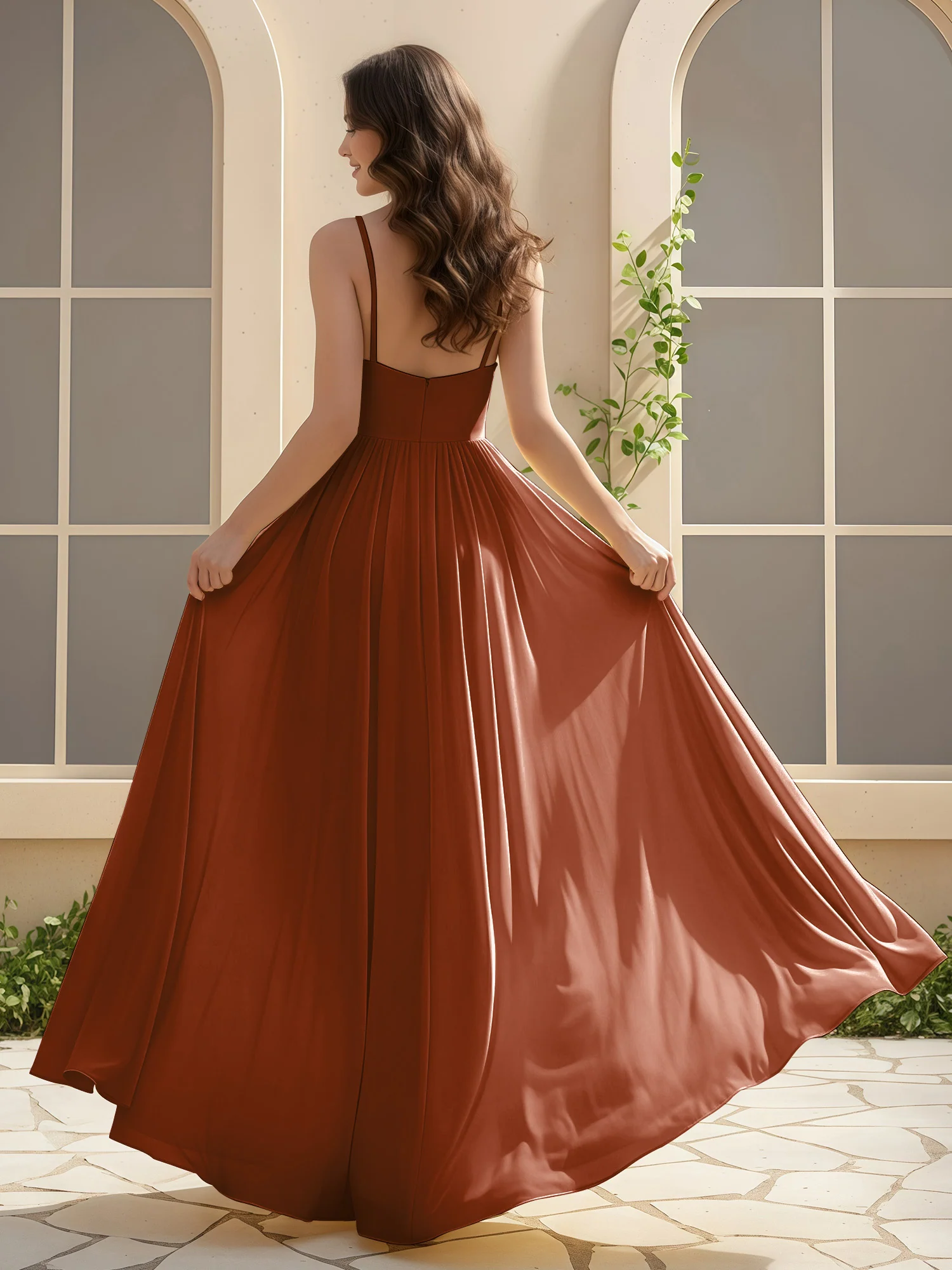 A-Line Pleated V-neck Long Dress With Slit Terracotta - Image 2