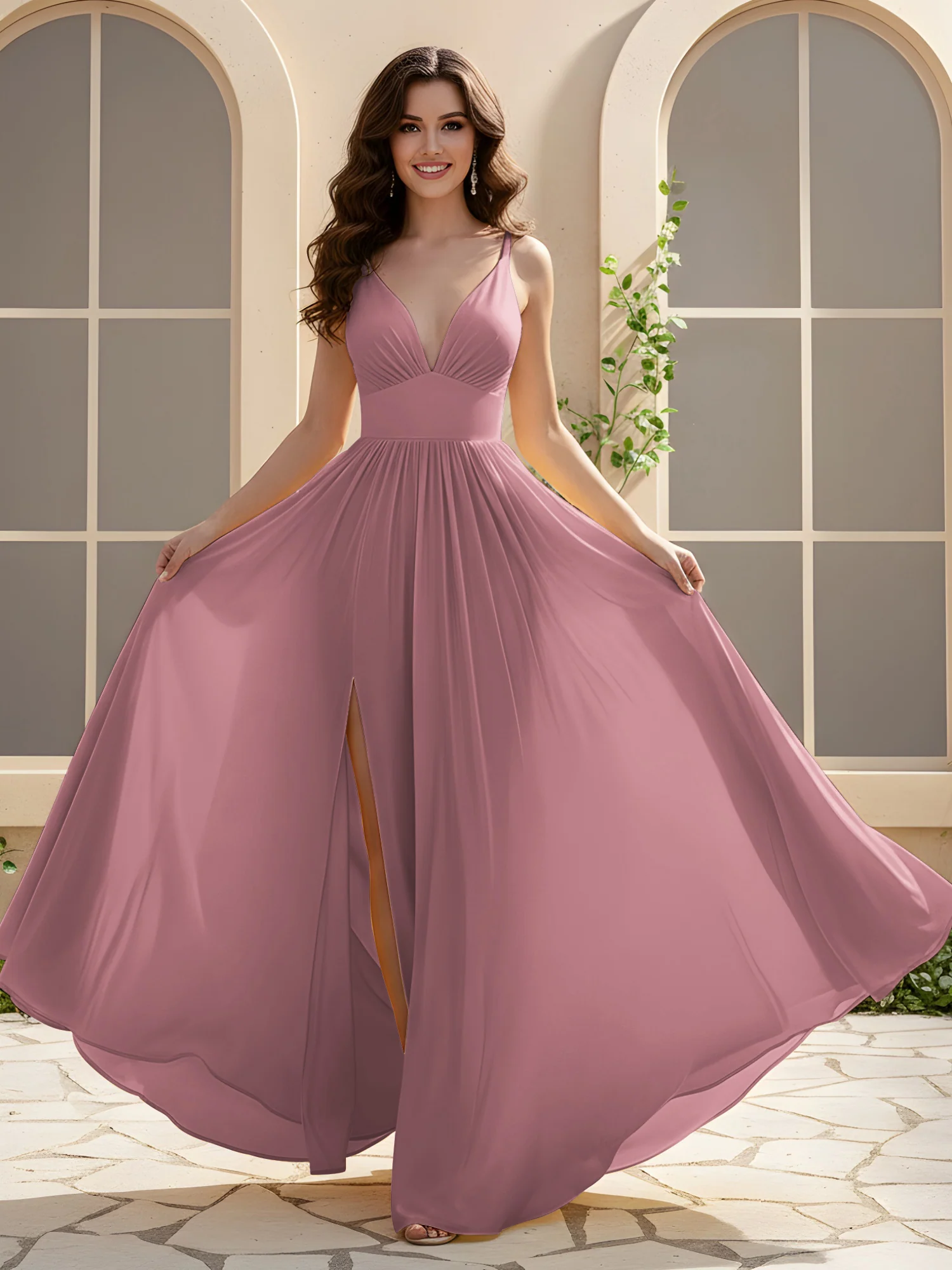 A-Line Pleated V-neck Long Dress With Slit Vintage Mauve