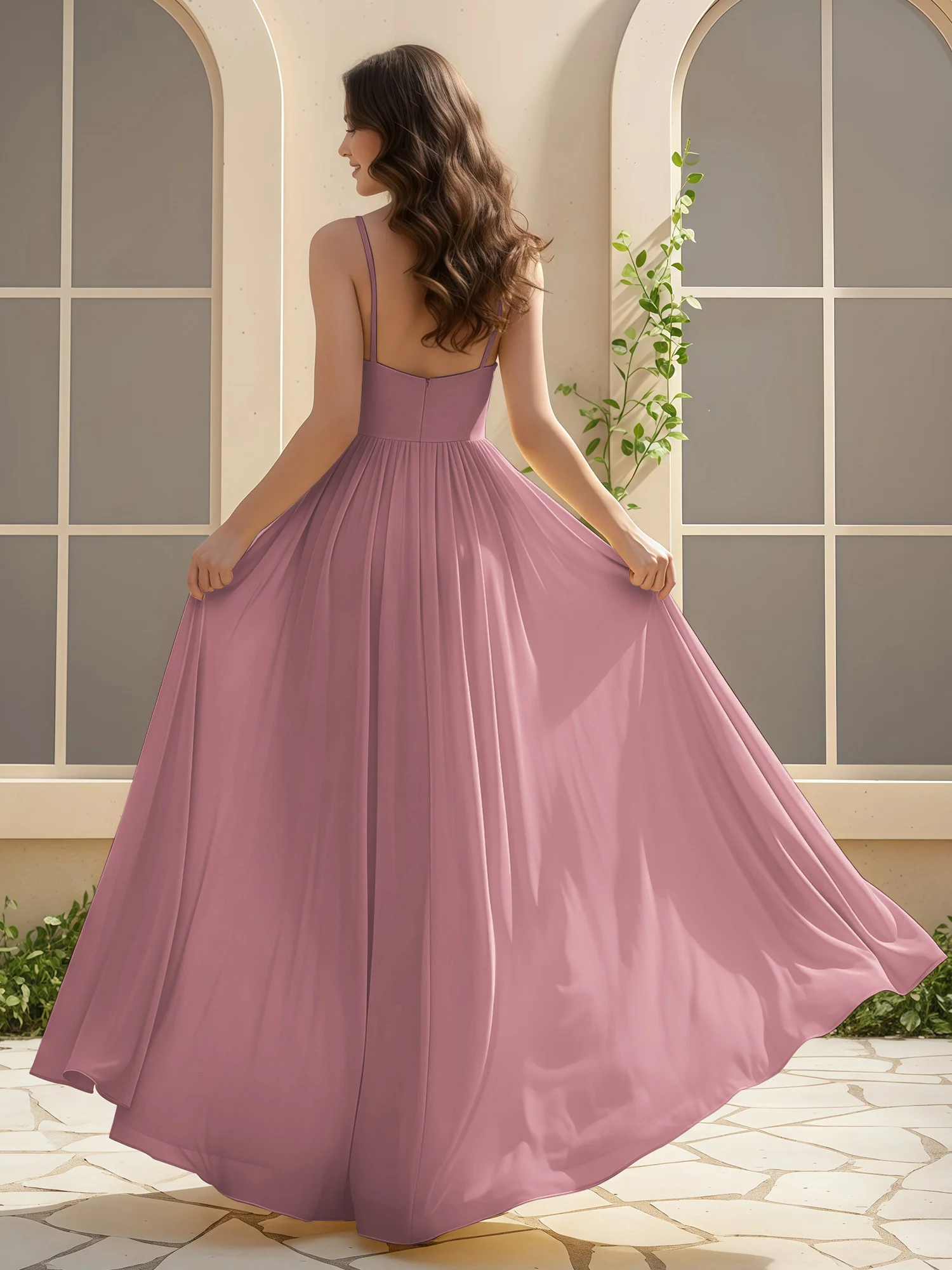 A-Line Pleated V-neck Long Dress With Slit Vintage Mauve - Image 2