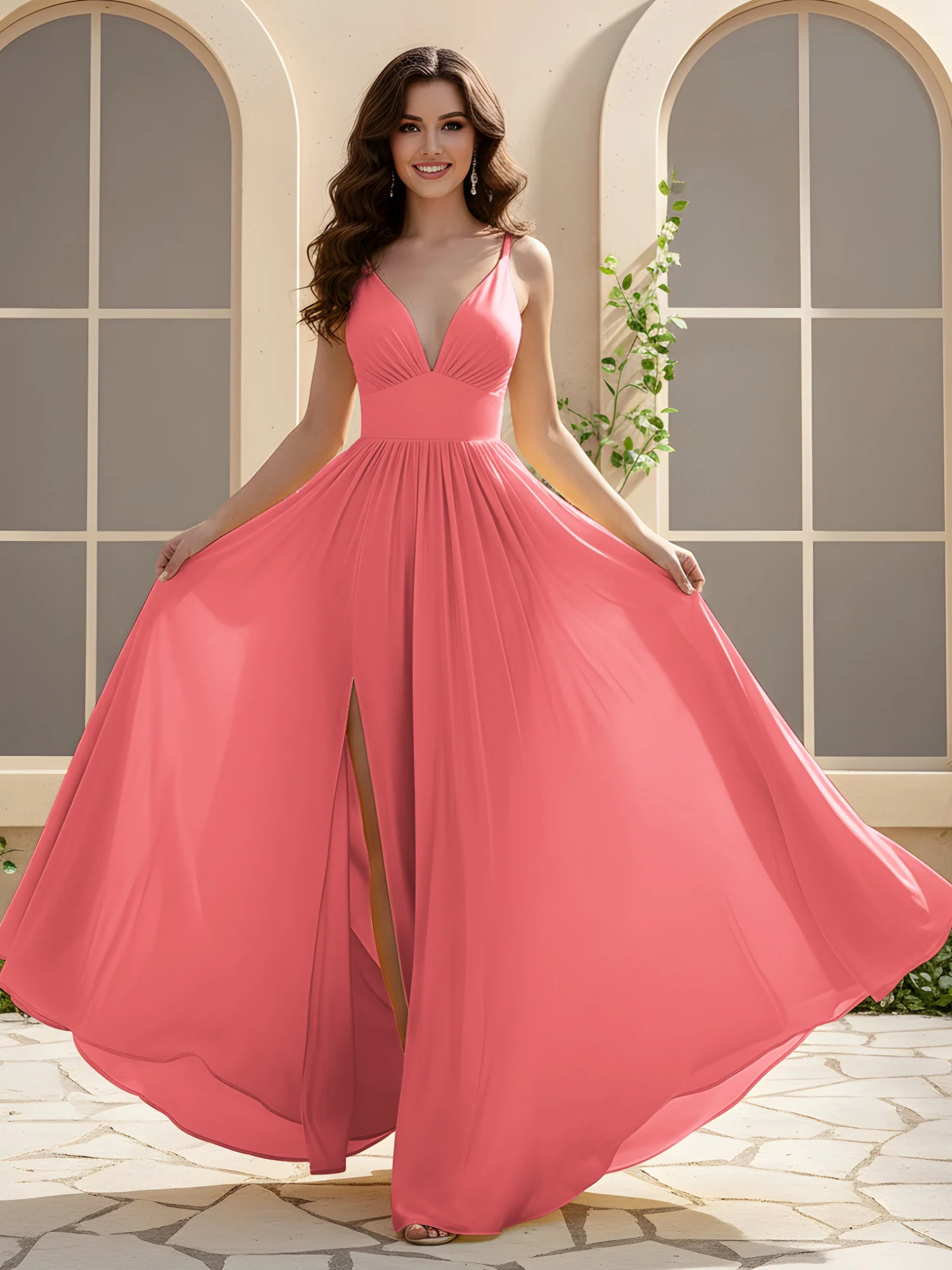 A-Line Pleated V-neck Long Dress With Slit Watermelon