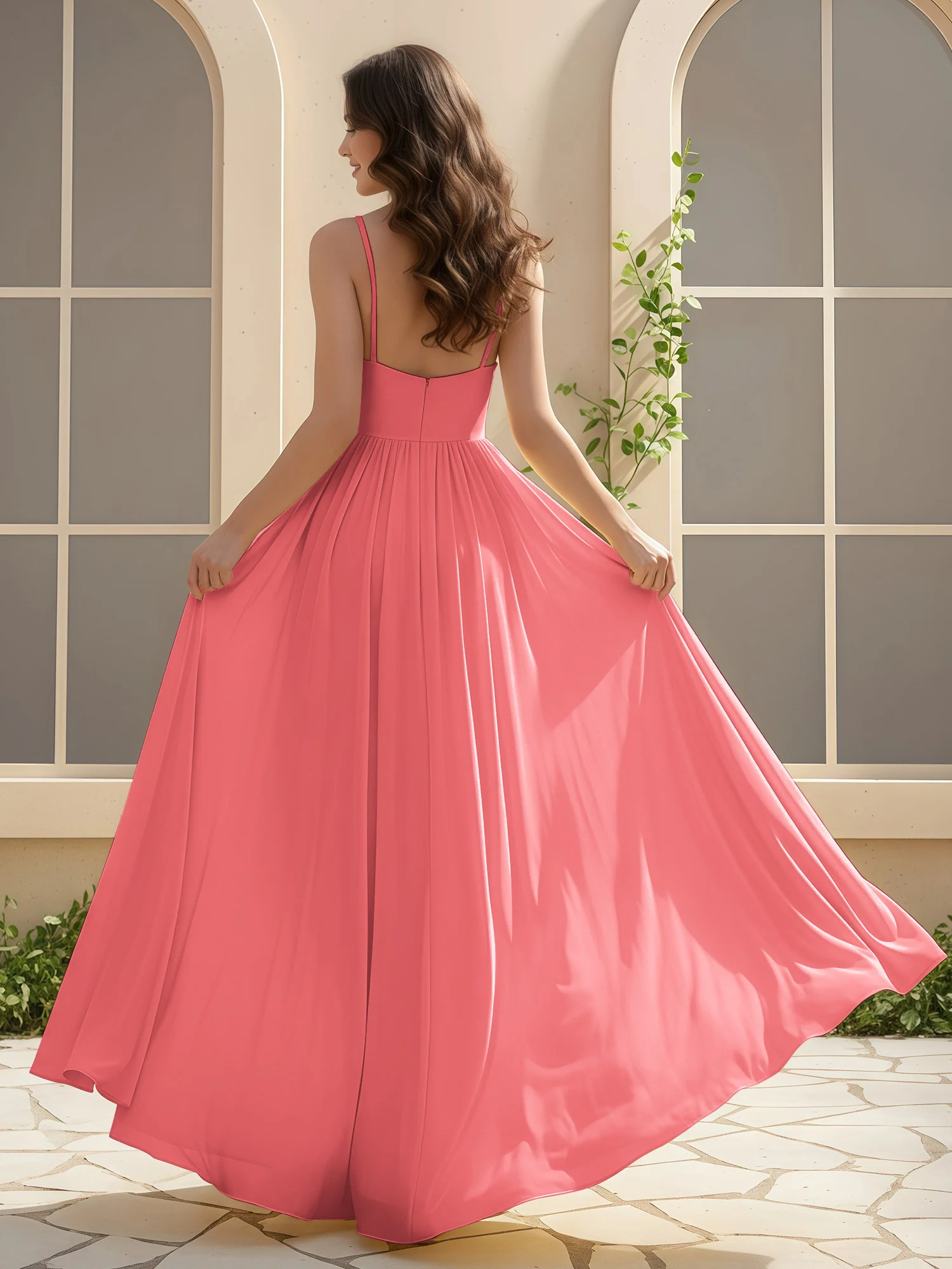 A-Line Pleated V-neck Long Dress With Slit Watermelon - Image 2
