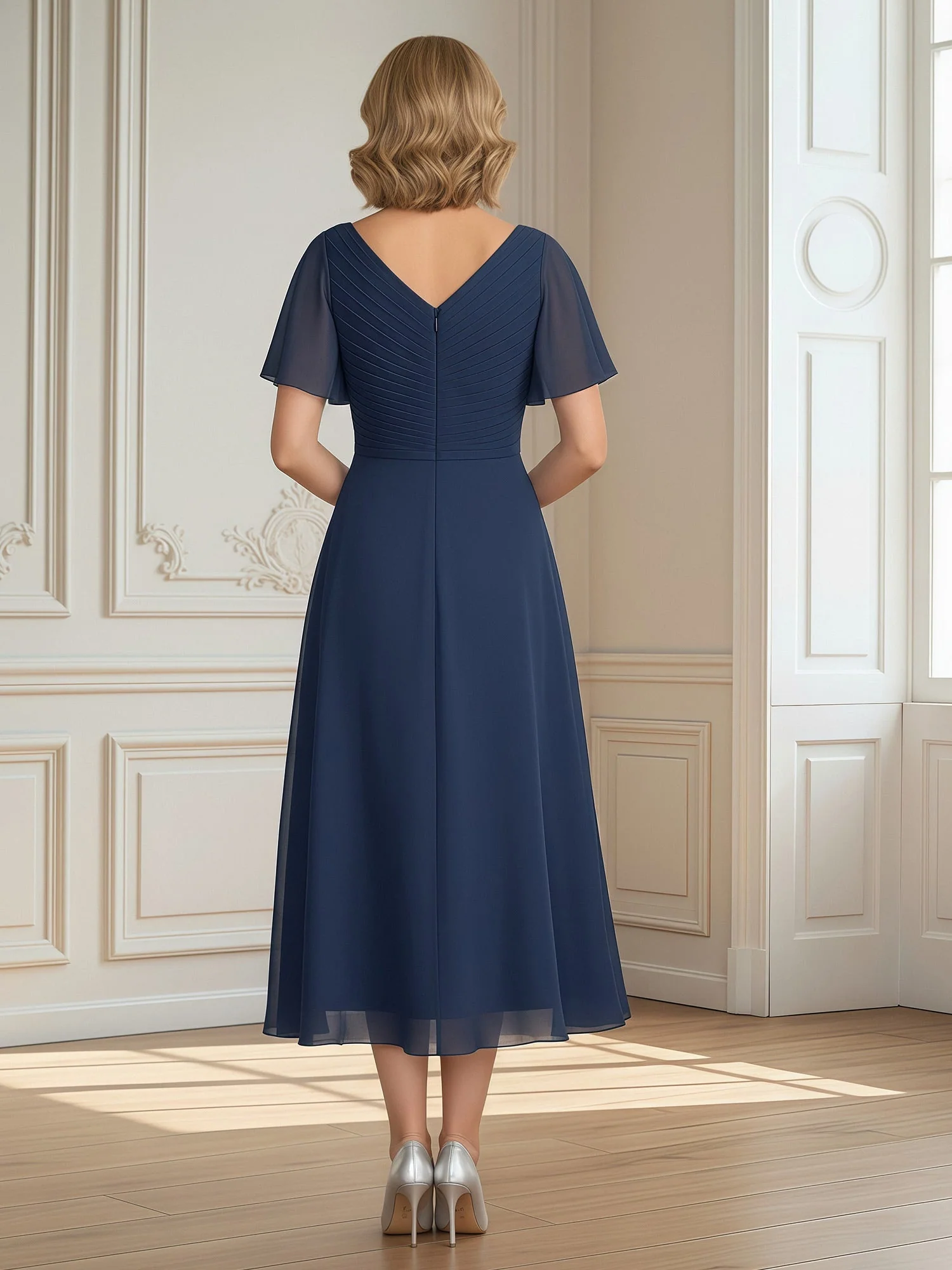A-Line Pleated V-neck Ruffles Chiffon Tea-Length Dress Slate Blue - Image 2
