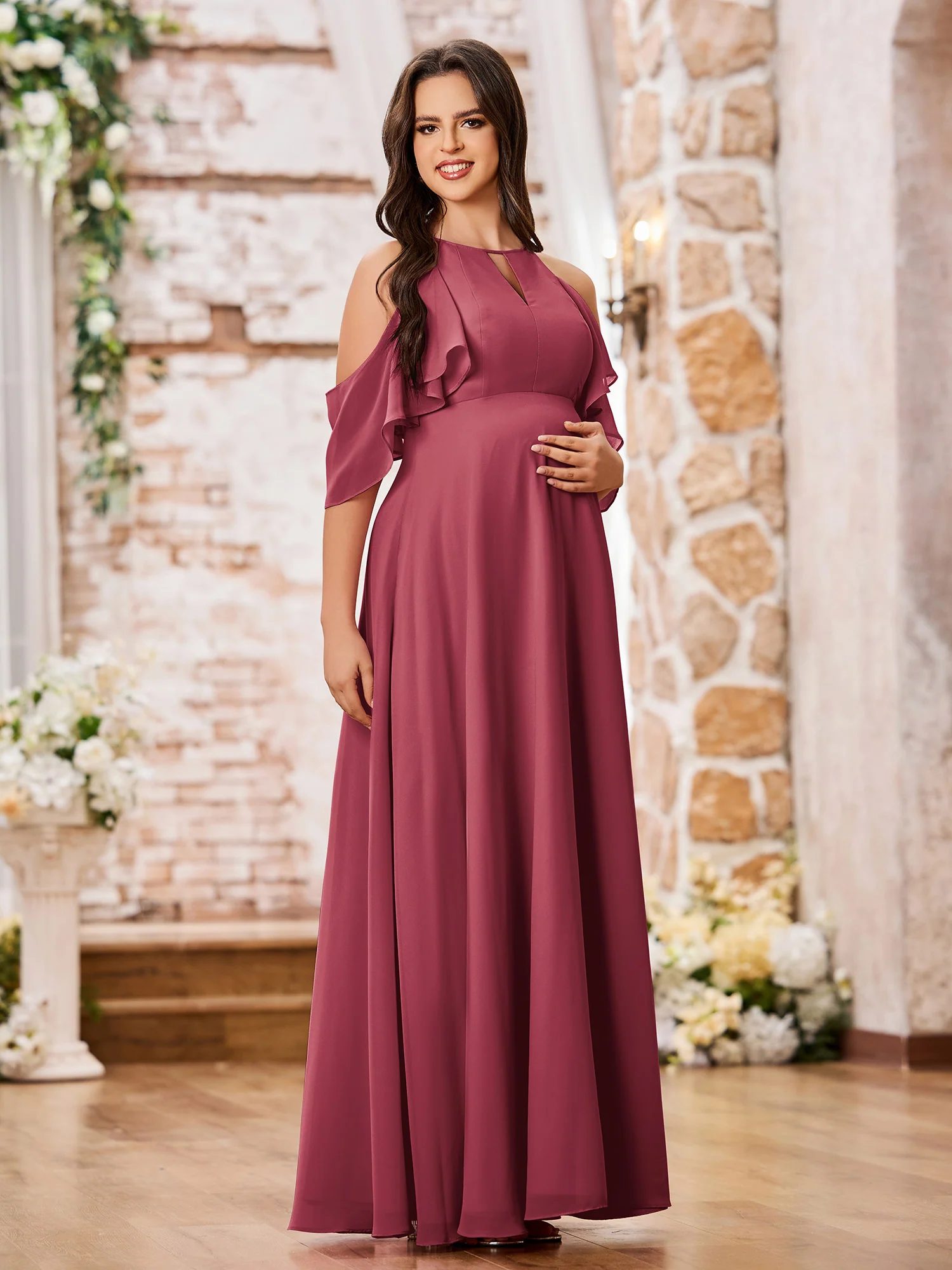 A-line Princess Floor-Length Empire Chiffon Dresses Cinnamon Rose