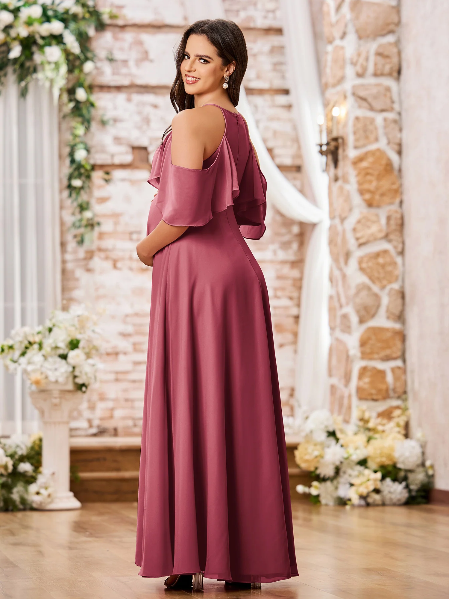 A-line Princess Floor-Length Empire Chiffon Dresses Cinnamon Rose - Image 2