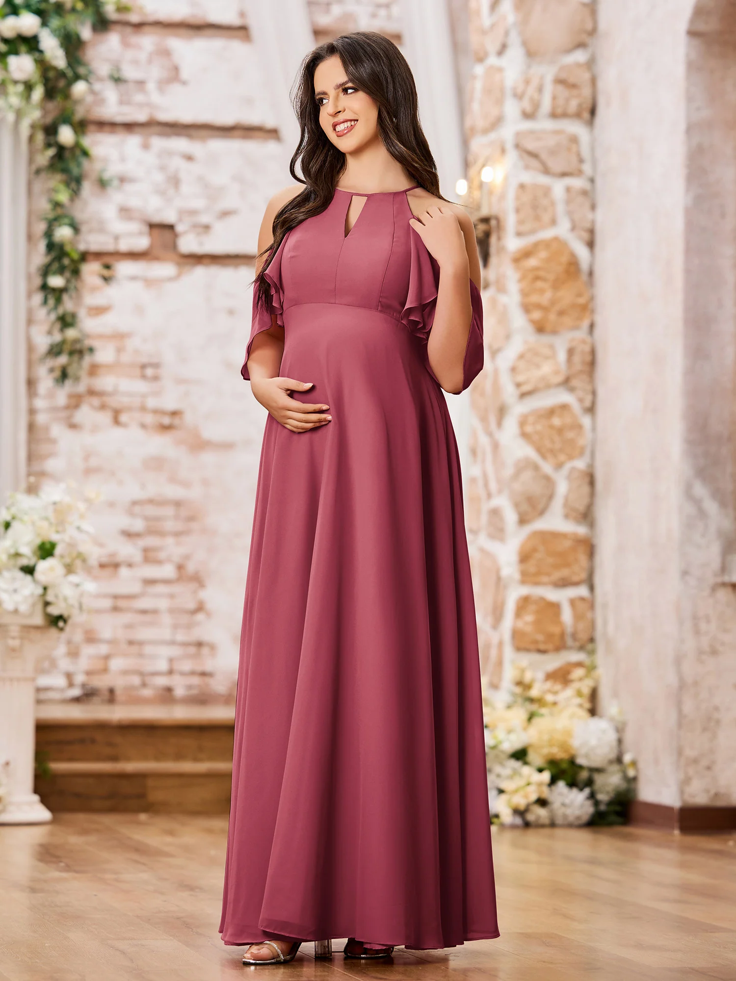 A-line Princess Floor-Length Empire Chiffon Dresses Cinnamon Rose - Image 3
